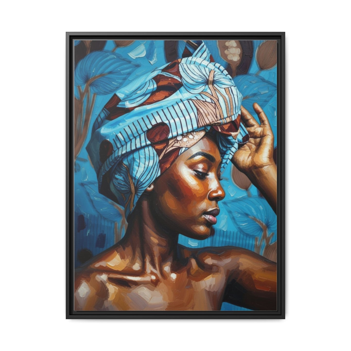 Framed Canvas Art — Portrait of Woman in Blue Headwrap