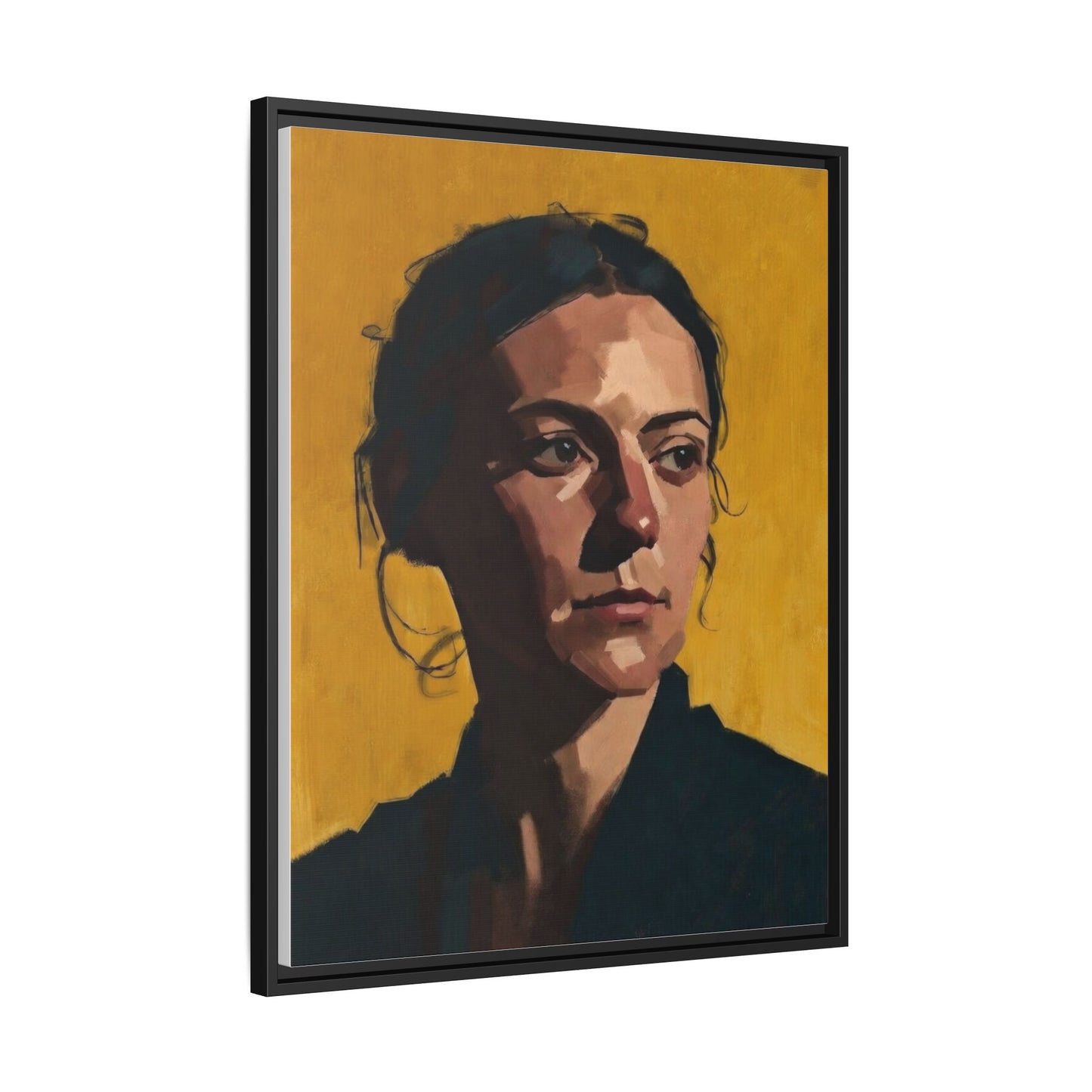 Framed Matte Canvas Portrait Art — Moody Woman on Mustard Background