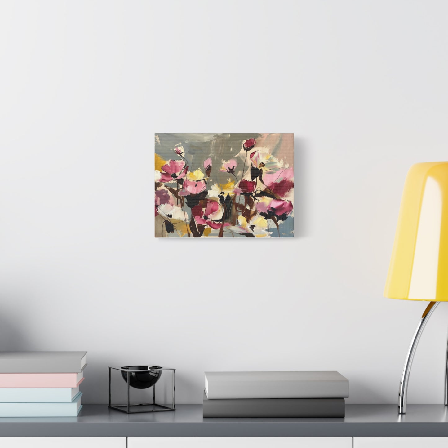Floral Abstract Canvas Wall Art — Pink & Yellow Bloom Stretched Matte Print