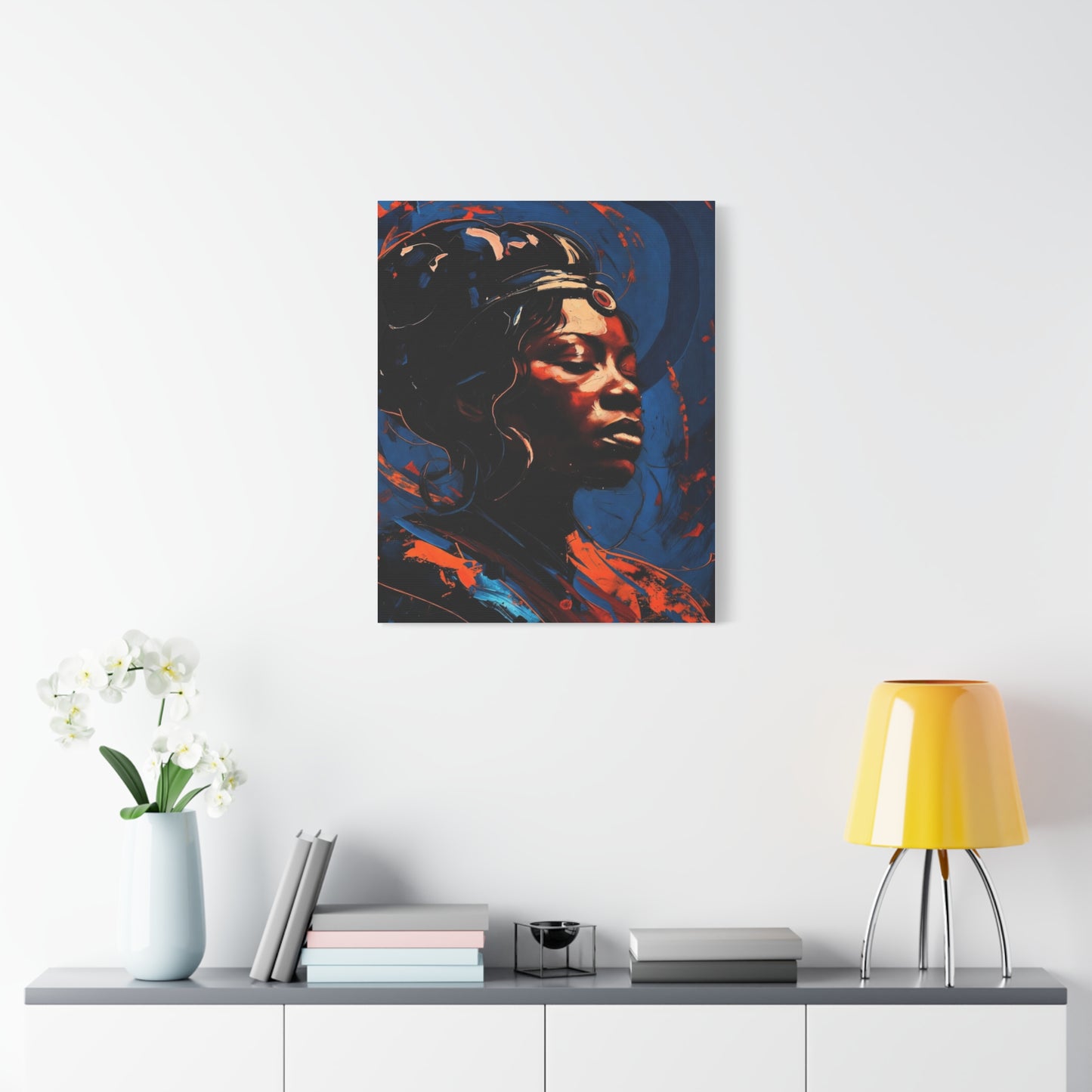 Regal Afrocentric Portrait Matte Canvas Art – Vibrant Blue & Orange Stretched Wall Decor
