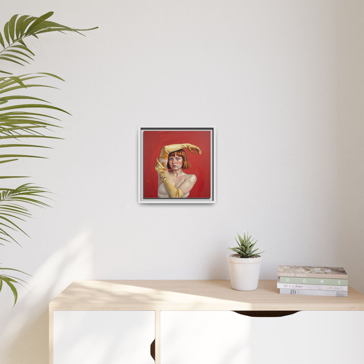 Framed Matte Canvas Art - Portrait of Woman in Yellow Gloves (Red Background)