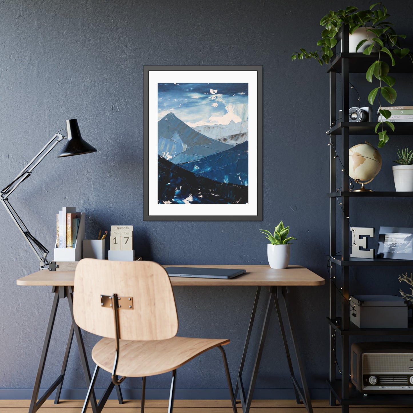 Blue Mountain Abstract Framed Poster — Scenic Wall Art Print