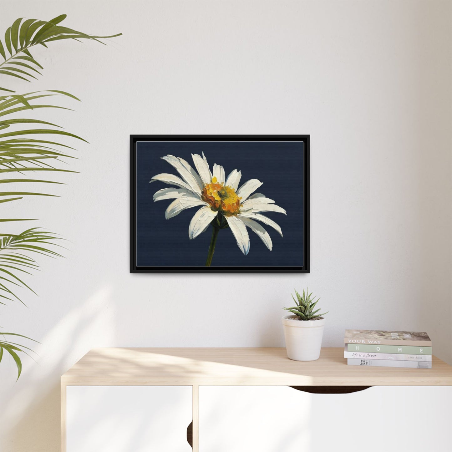Framed Matte Canvas Daisy Wall Art — White Floral Painting on Navy