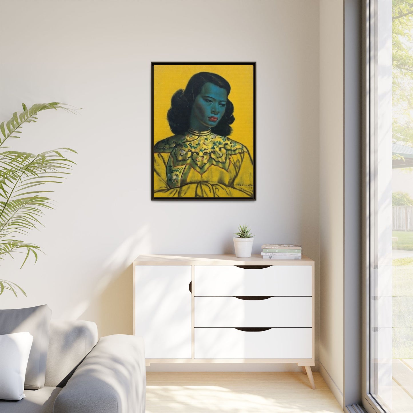 Framed Matte Canvas Art Print — Vintage Portrait with Yellow Background