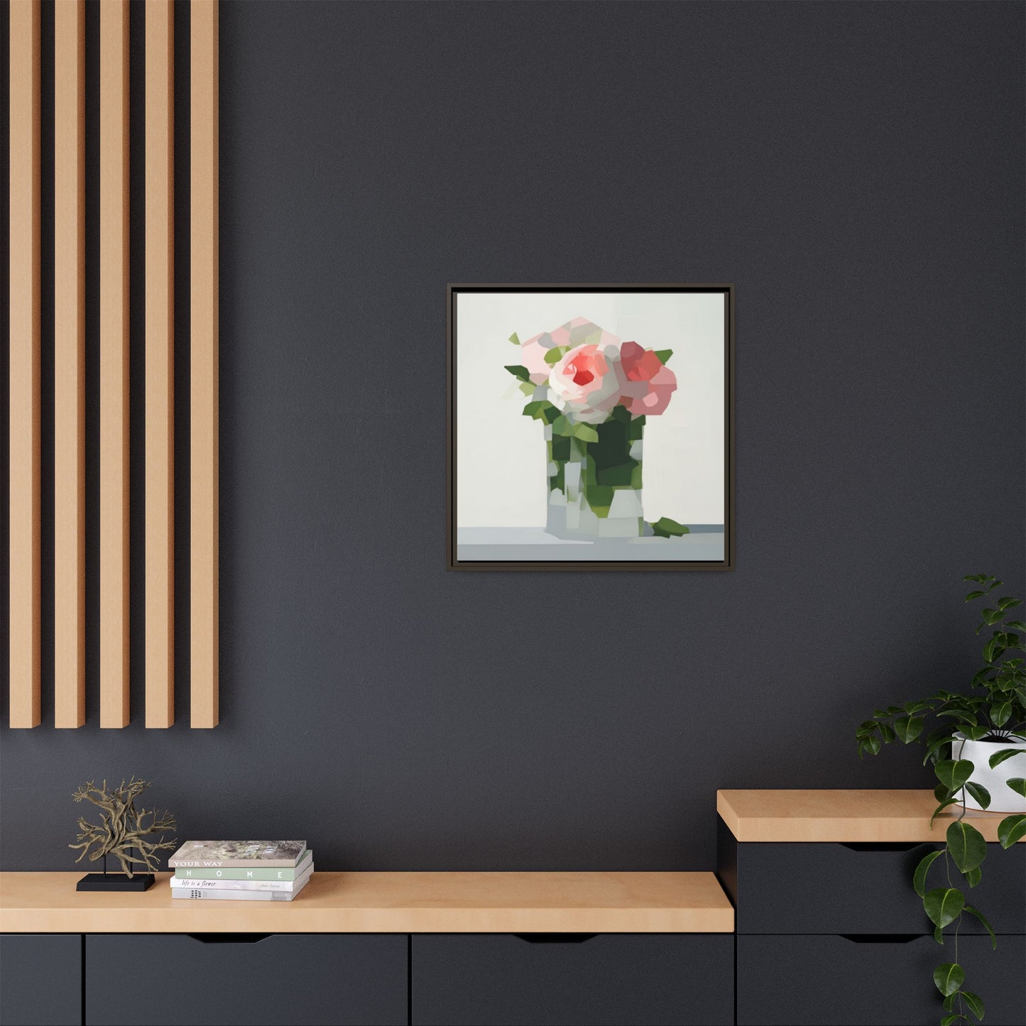 Framed Floral Canvas Print — Modern Pink Roses Still Life