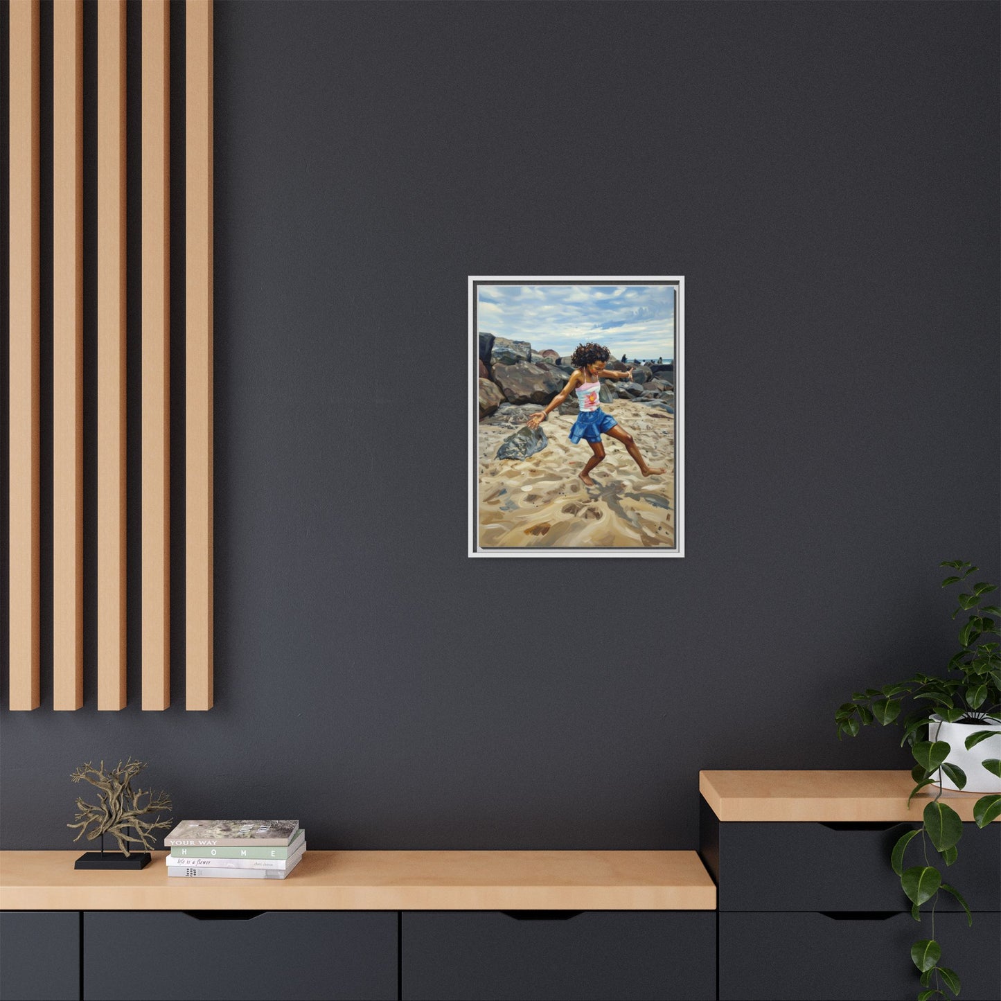 Framed Canvas Art - Girl Dancing on the Beach (Matte Multi-Color)