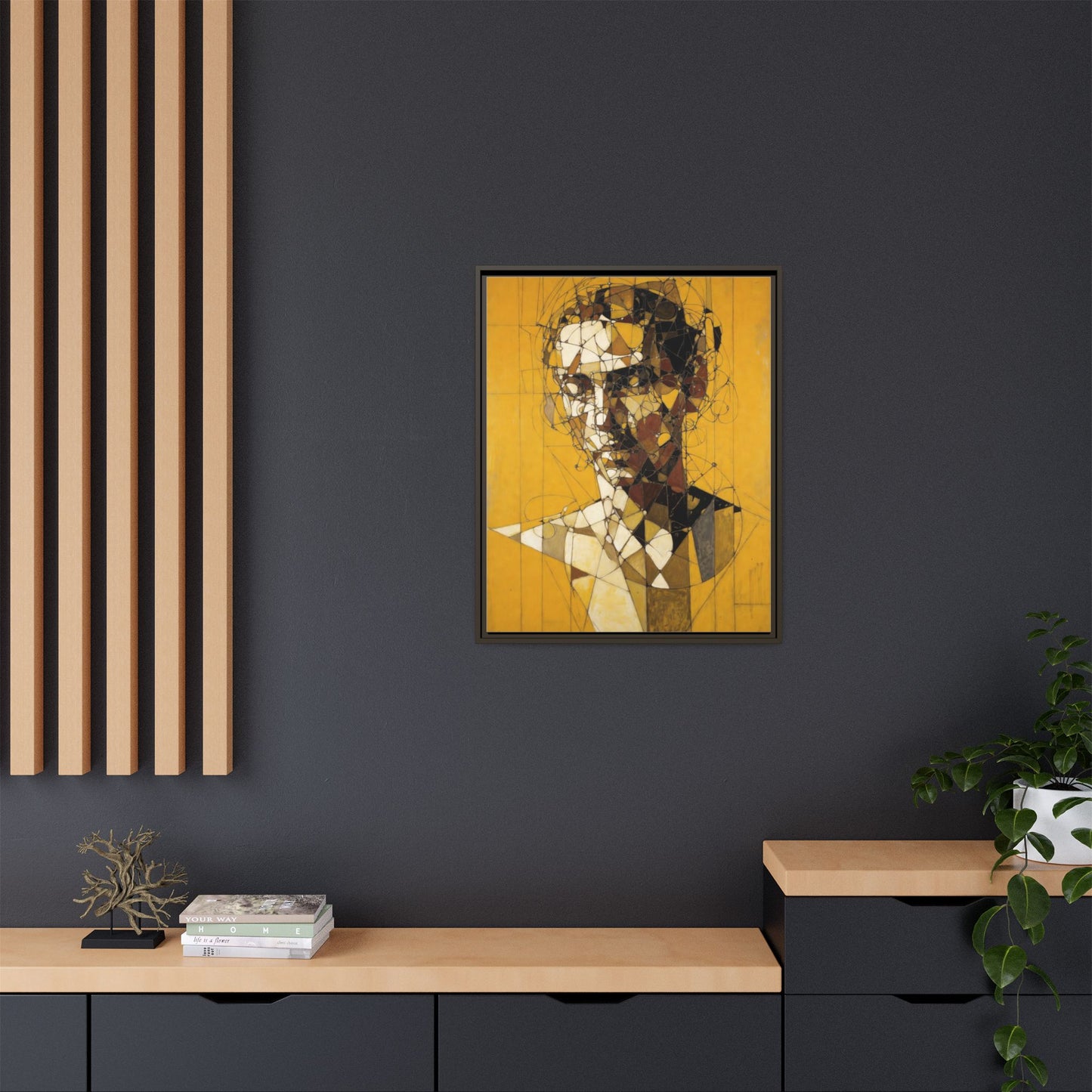 Framed Matte Canvas Art - Abstract Geometric Portrait on Mustard Yellow