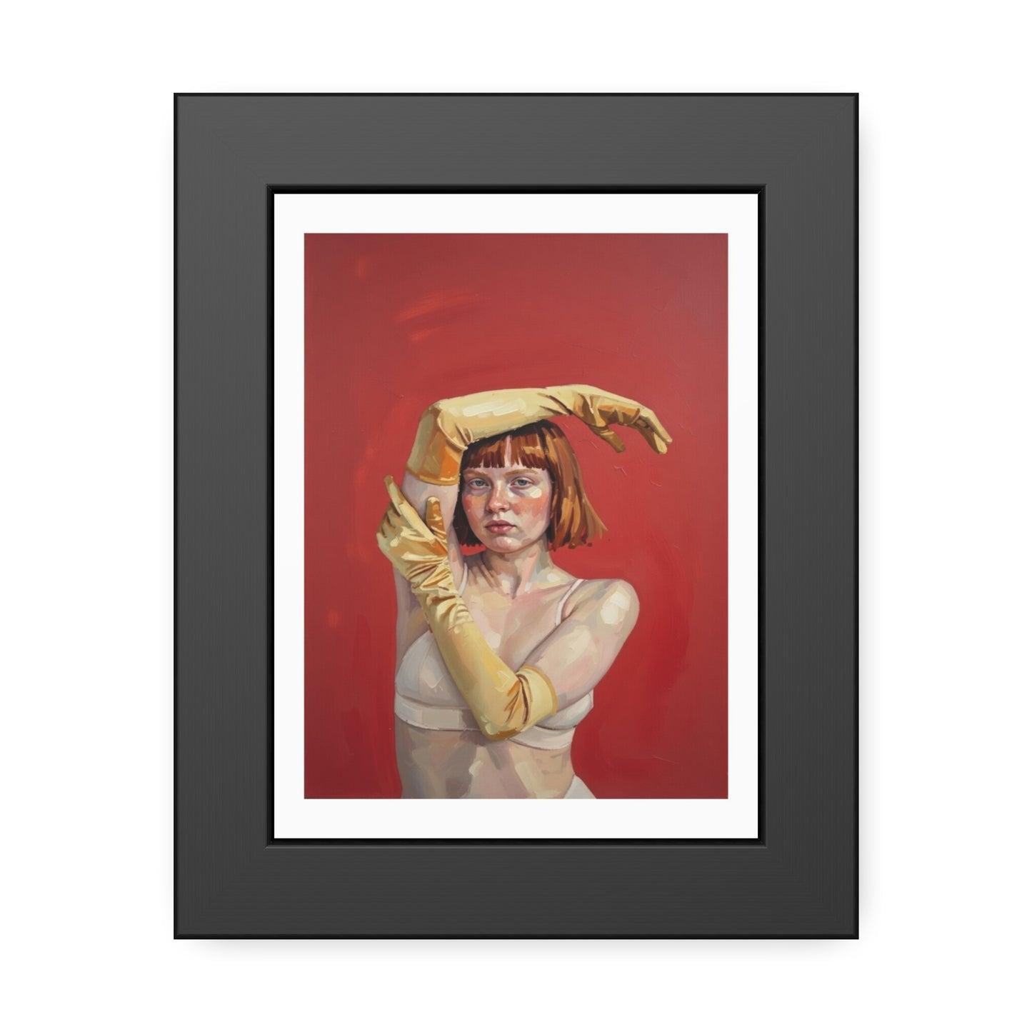 Framed Art Print — Retro Portrait with Yellow Gloves on Red Background