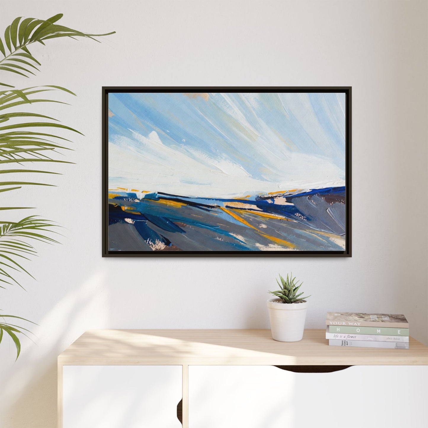 Framed Abstract Seascape Canvas Print — Matte Multi‑Color Wall Art