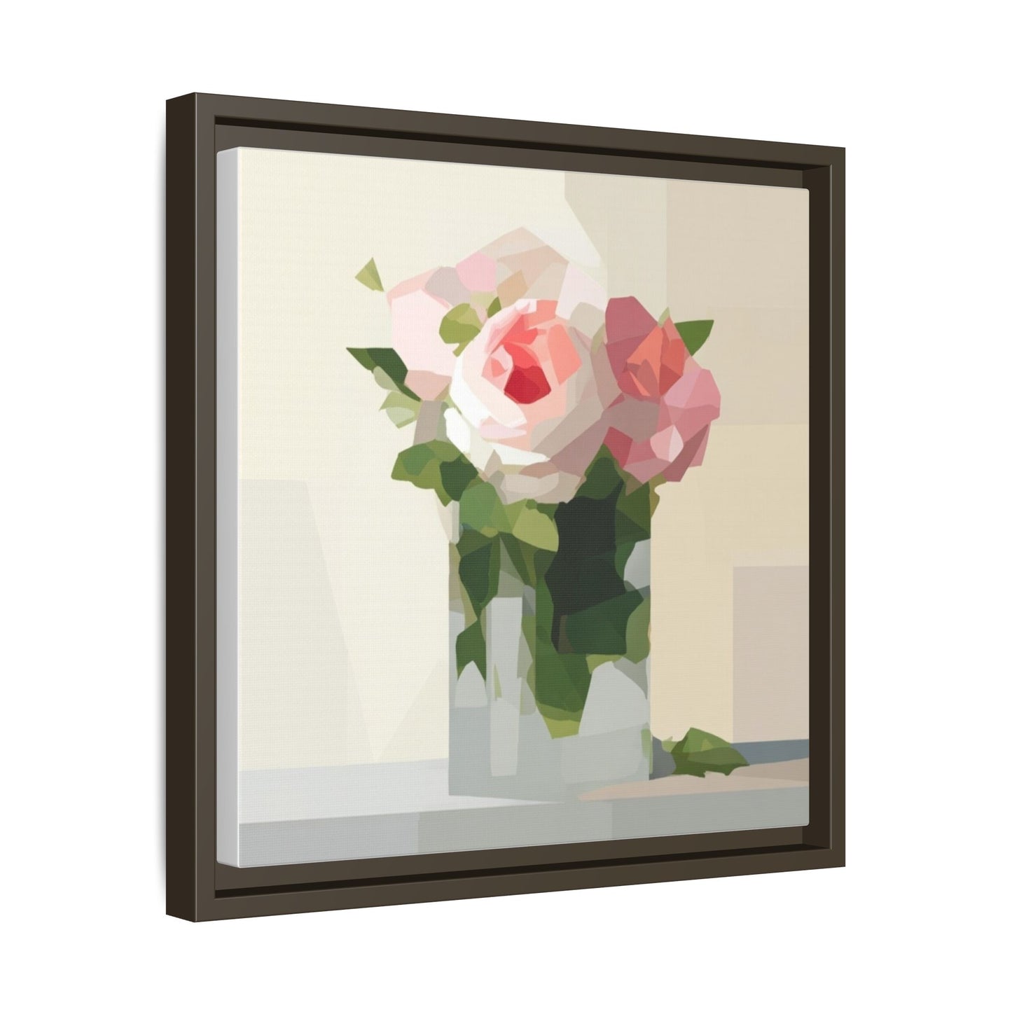 Framed Floral Canvas Print — Geometric Pink Rose Wall Art