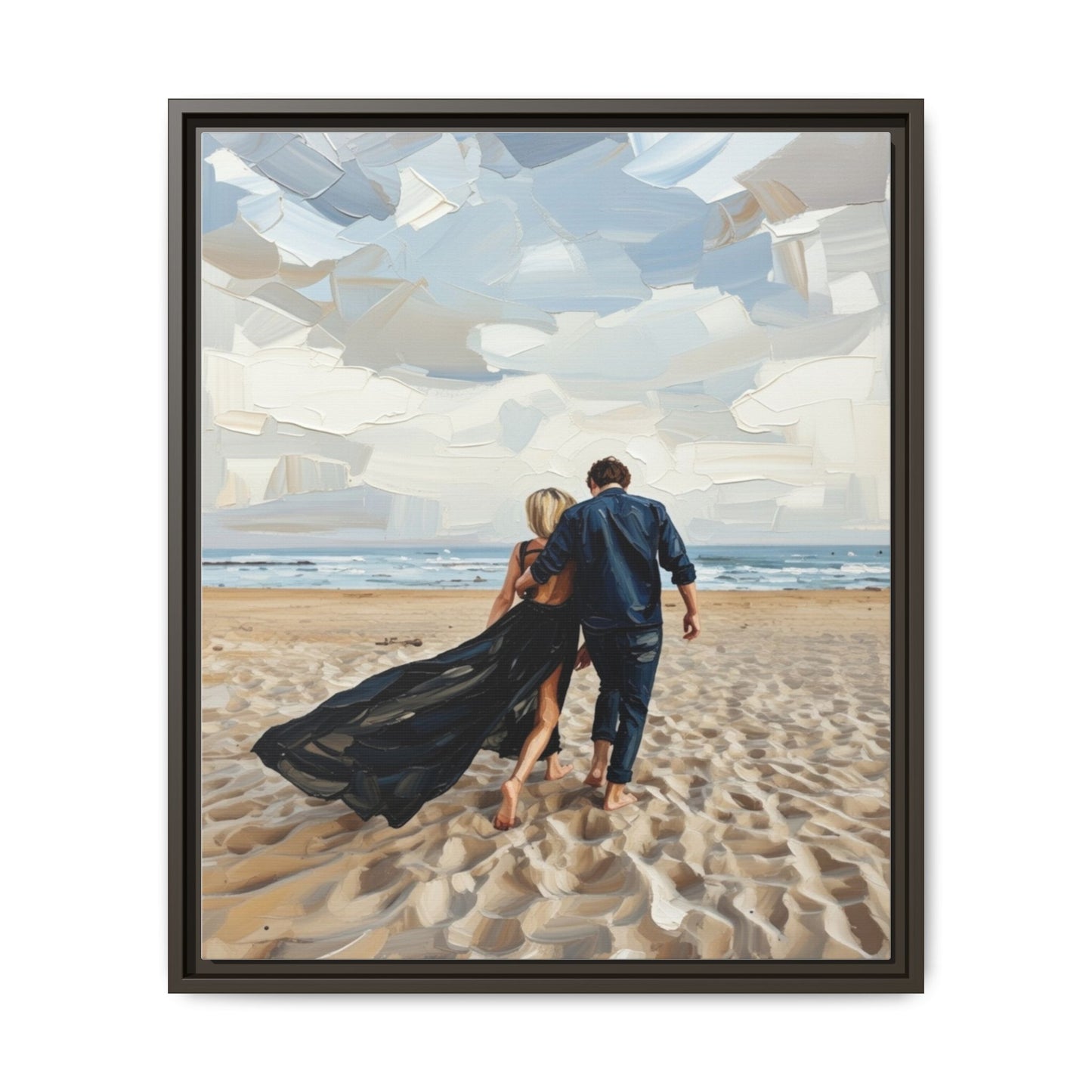 Framed Canvas Wall Art — Romantic Couple Walking on Beach Print