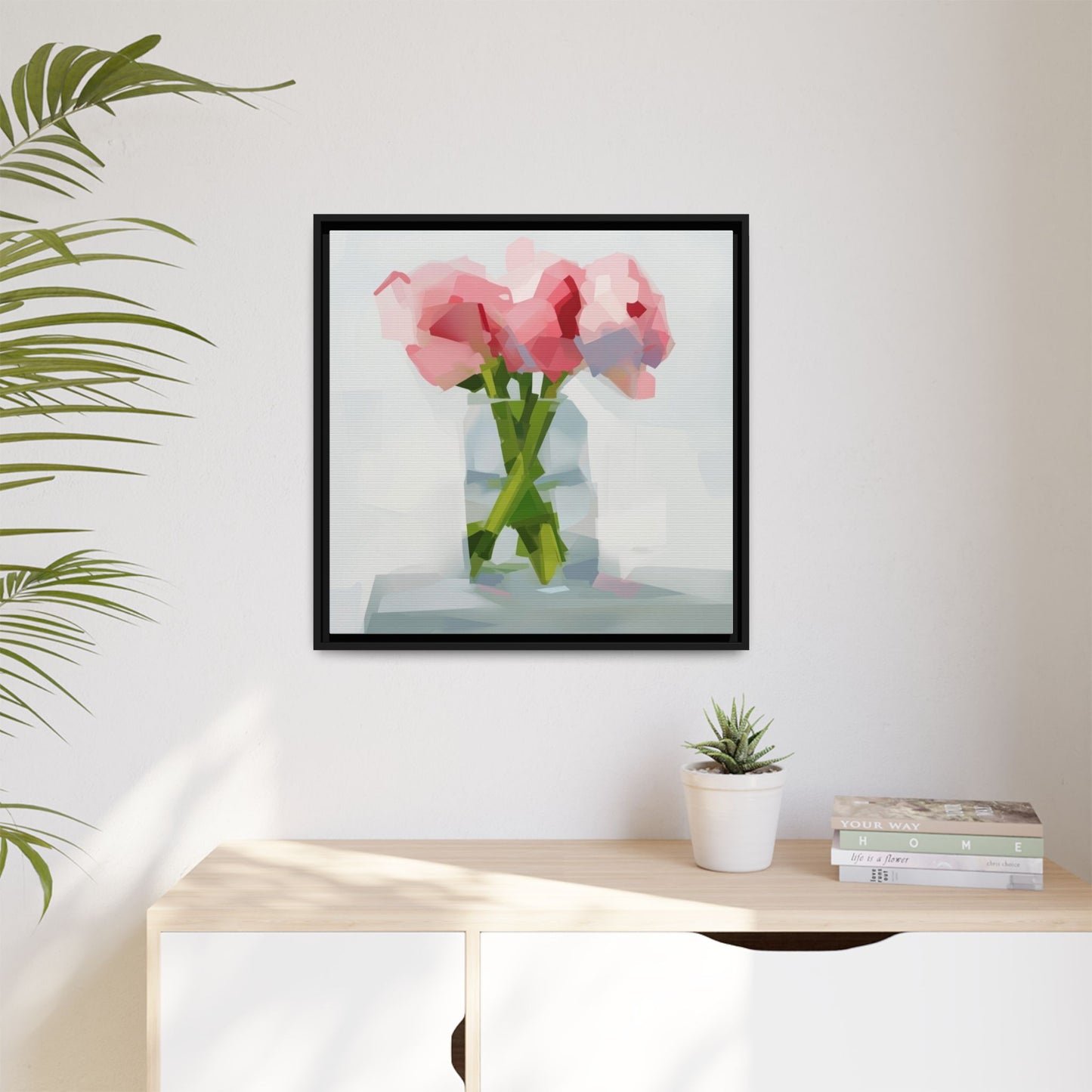 Framed Floral Canvas Art — Pink Peonies in Vase (Matte)