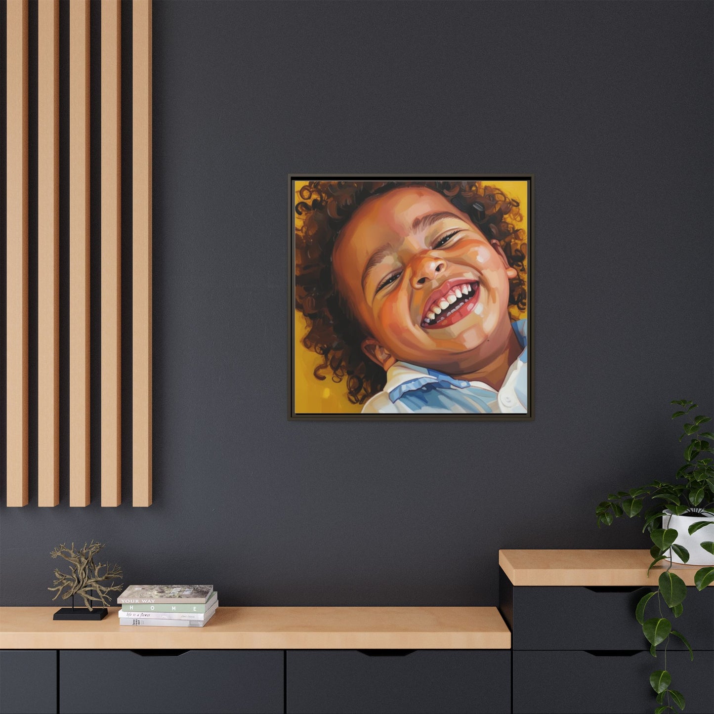 Framed Matte Canvas Print – Joyful Child Portrait, Colorful Nursery Wall Art