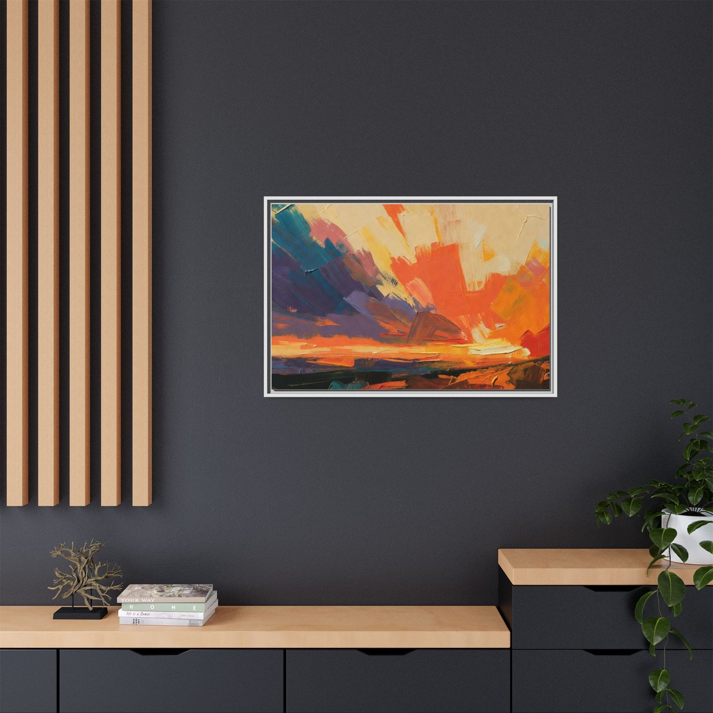 Framed Abstract Sunset Canvas Art – Multicolor Matte Wall Decor