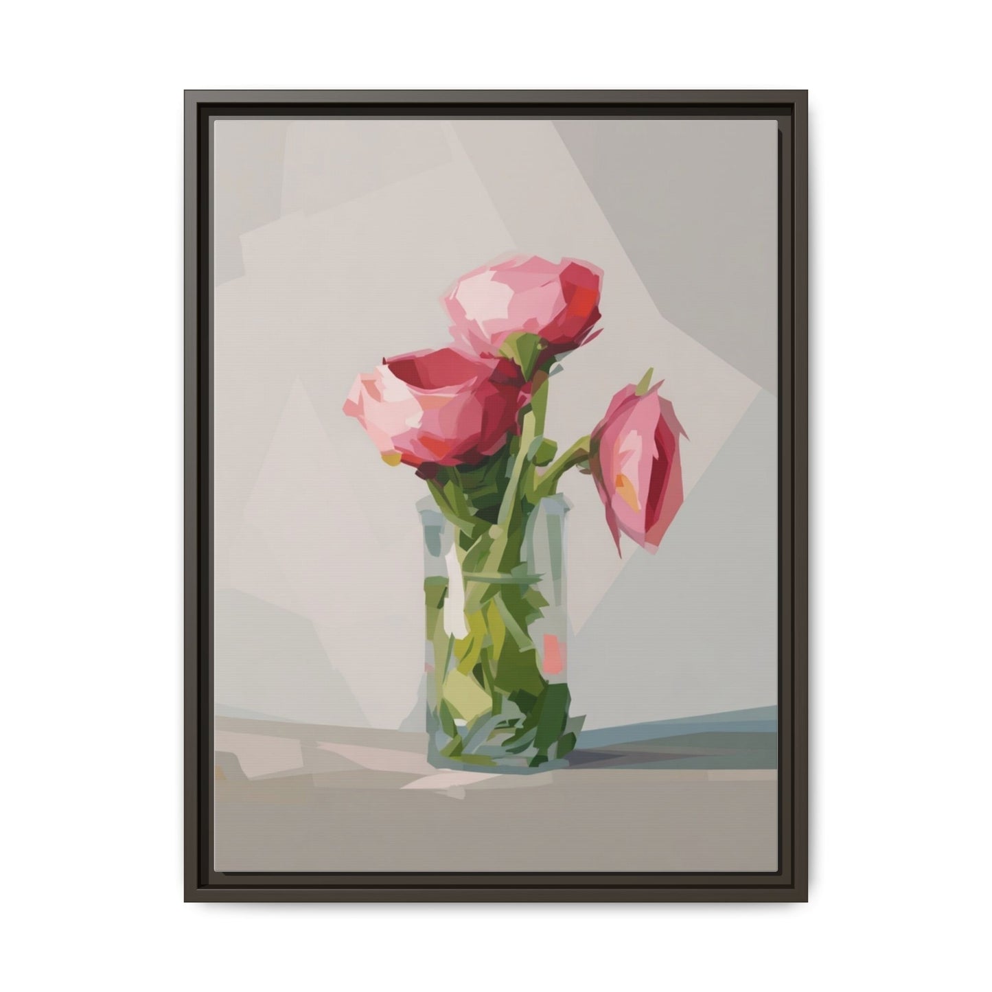 Framed Canvas Art — Pink Roses in Vase, Modern Floral Wall Print