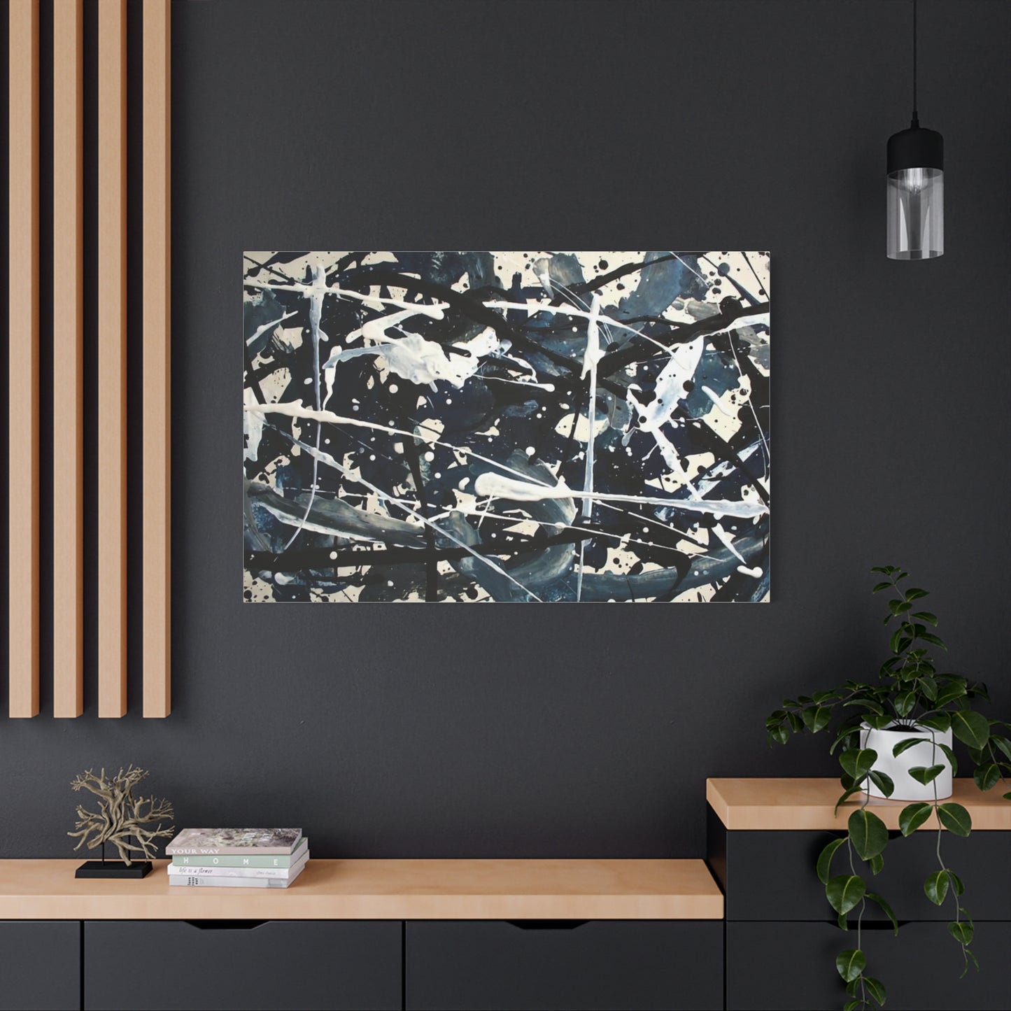 Abstract Drip Painting Canvas Print — Blue & Black Modern Wall Art (Matte Stretched)