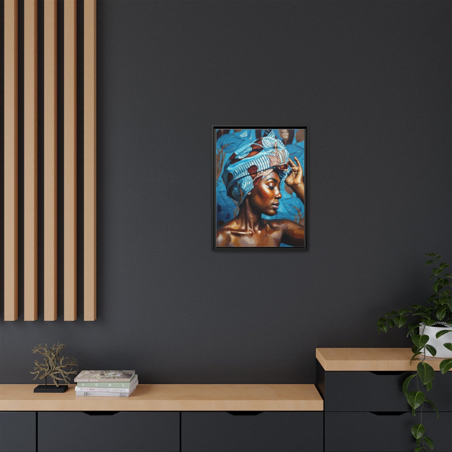 Framed Canvas Art — Portrait of Woman in Blue Headwrap