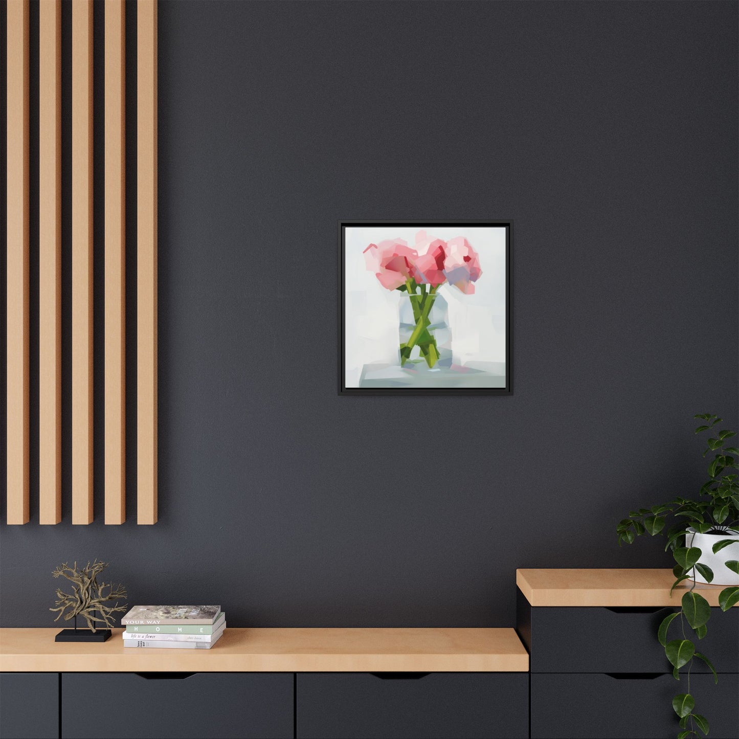 Framed Floral Canvas Art — Pink Peonies in Vase (Matte)