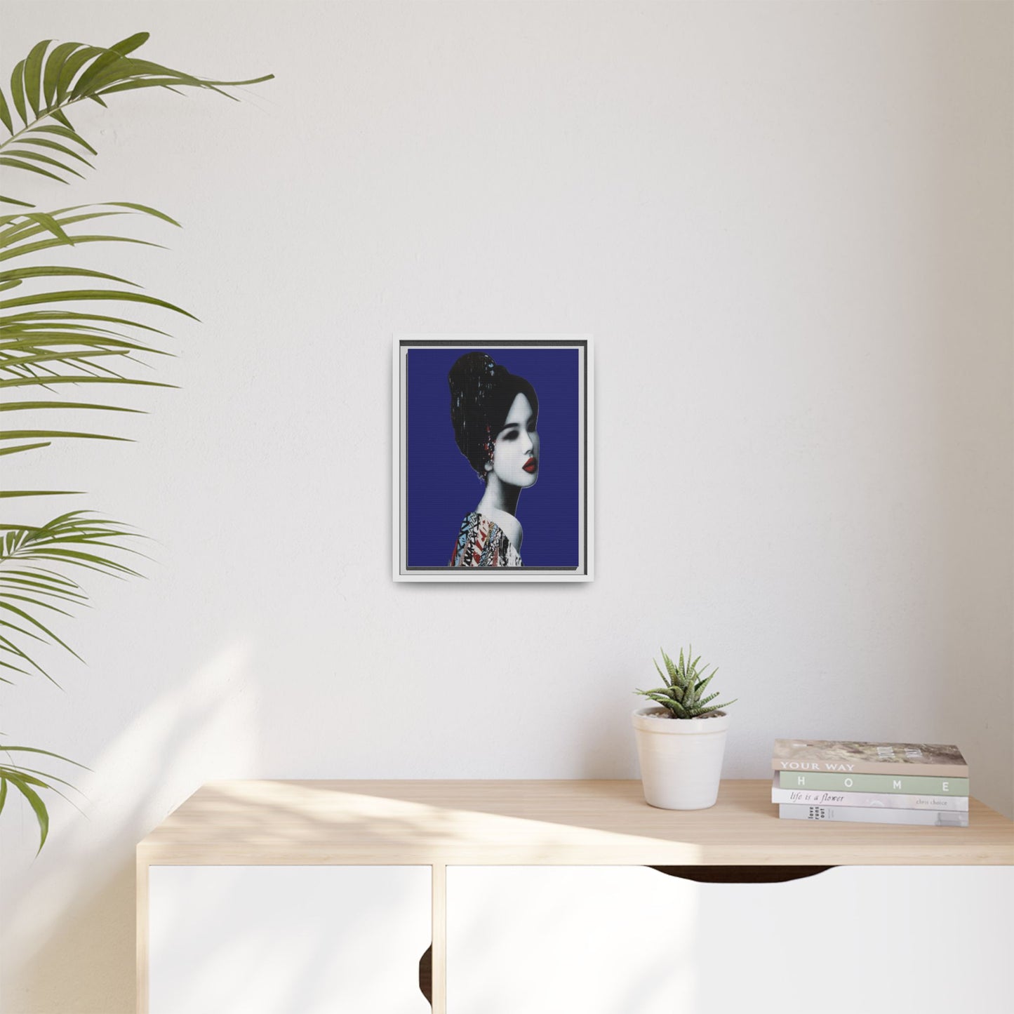 Framed Matte Canvas Art — Elegant Geisha Portrait on Deep Blue