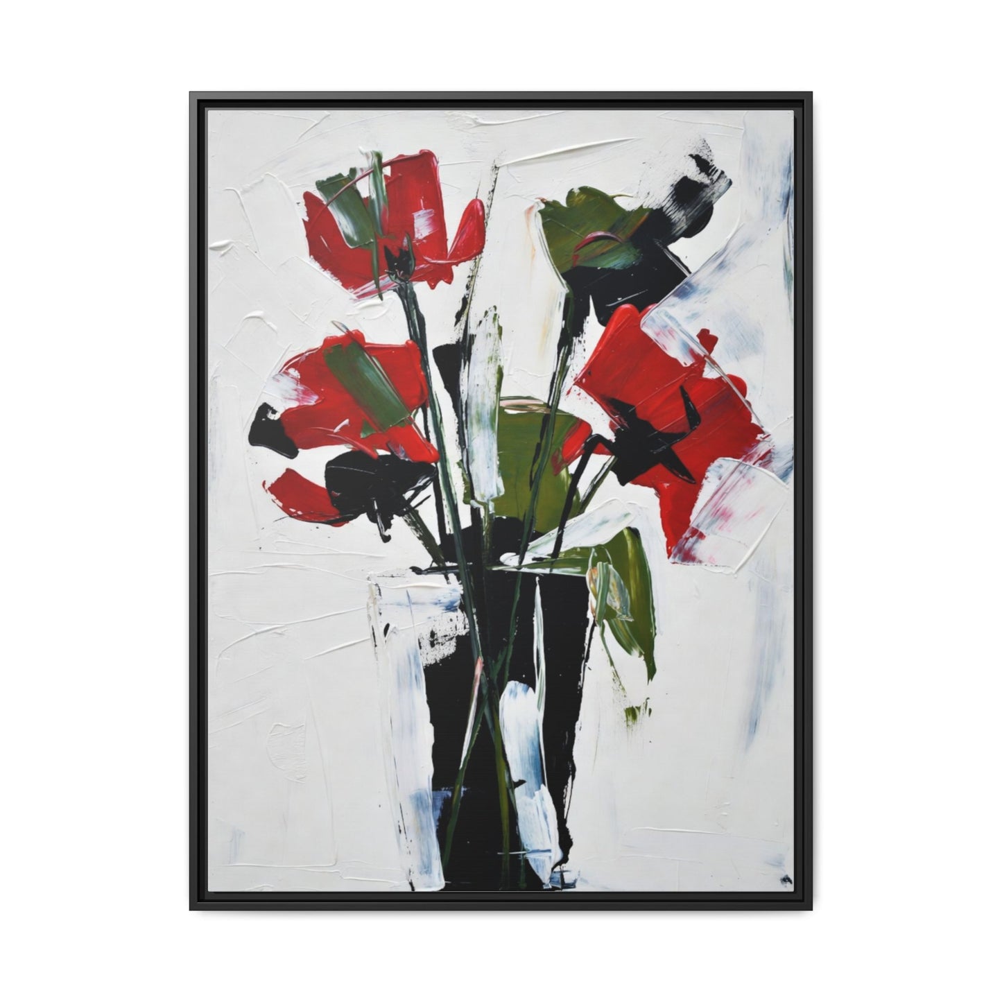 Framed Abstract Floral Canvas Print — Red Poppies in Black Vase
