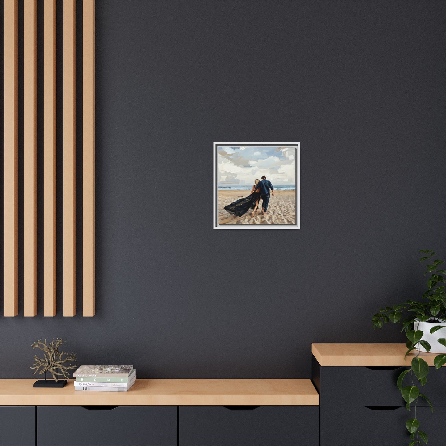 Framed Canvas Wall Art — Romantic Couple Walking on Beach Print