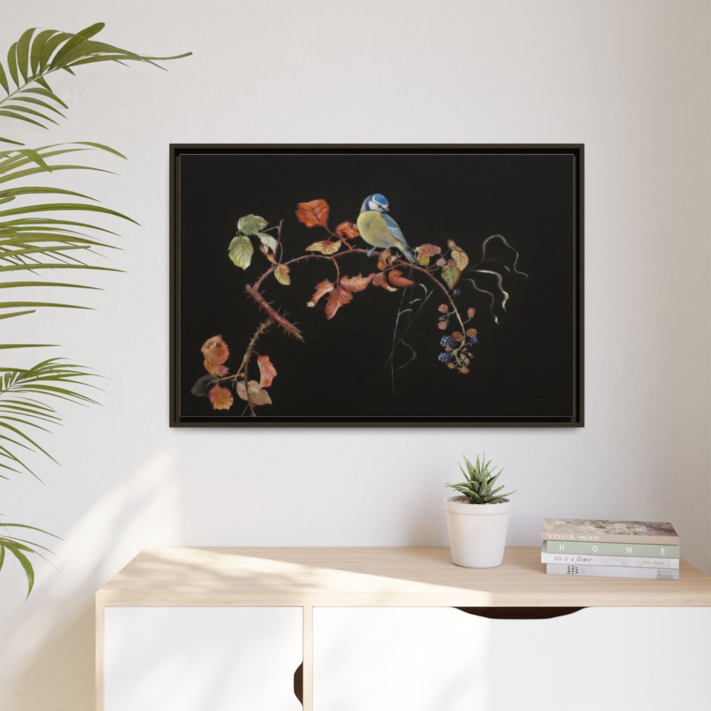 Framed Matte Canvas - Blue Tit on Autumn Branch Wall Art