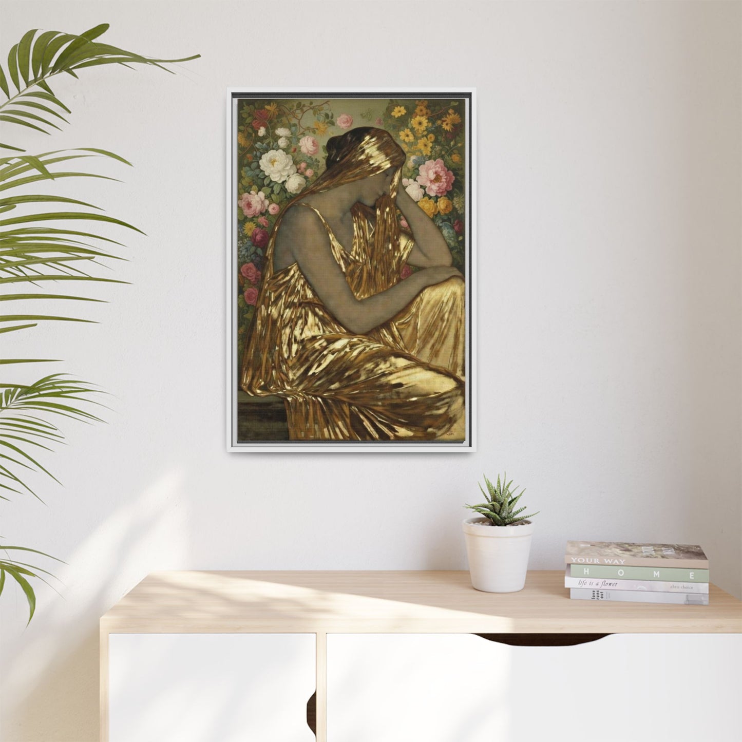 Framed Canvas Art Print — Golden Muse Woman with Floral Background