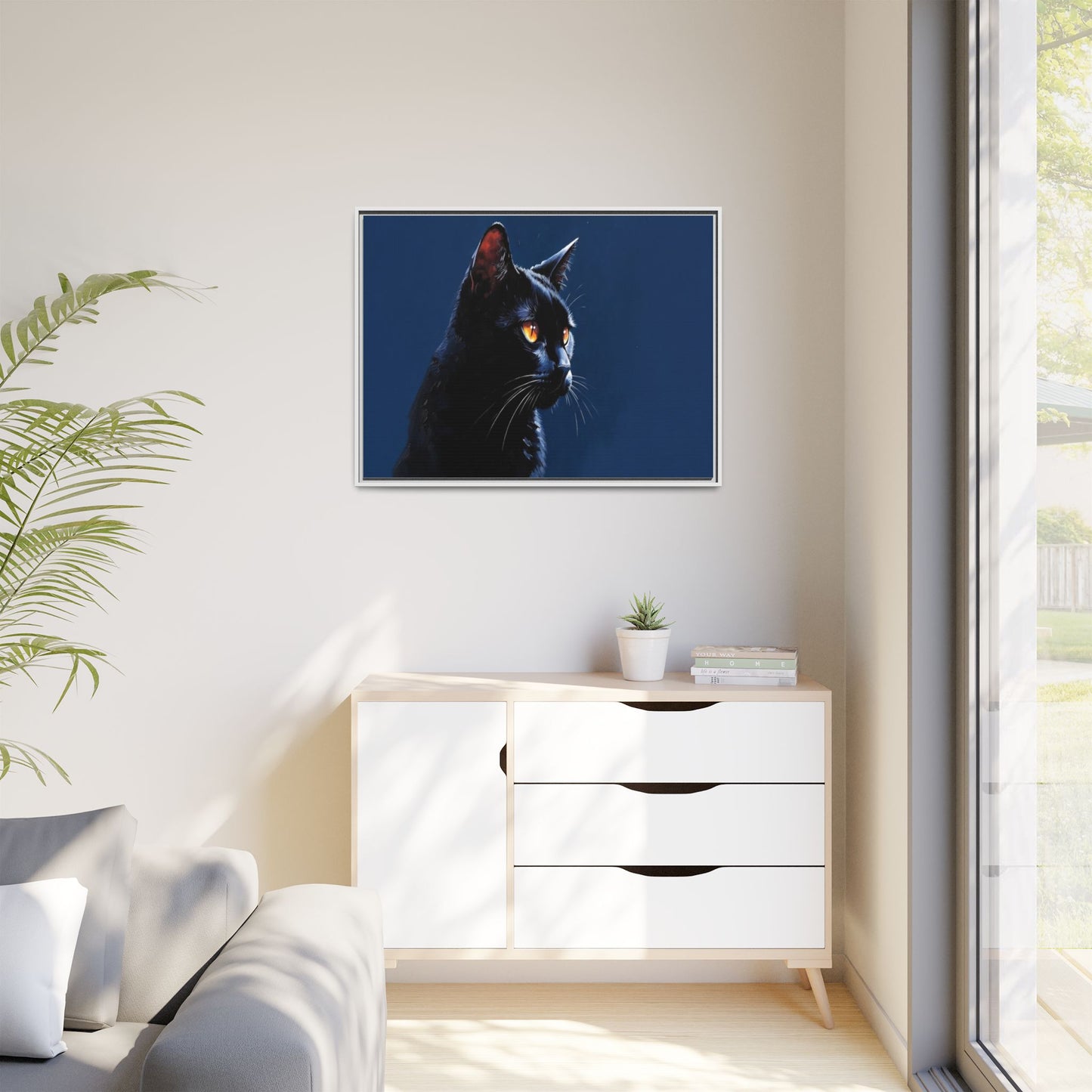 Black Cat Portrait Matte Canvas Framed Wall Art — Dramatic Feline Photo Print