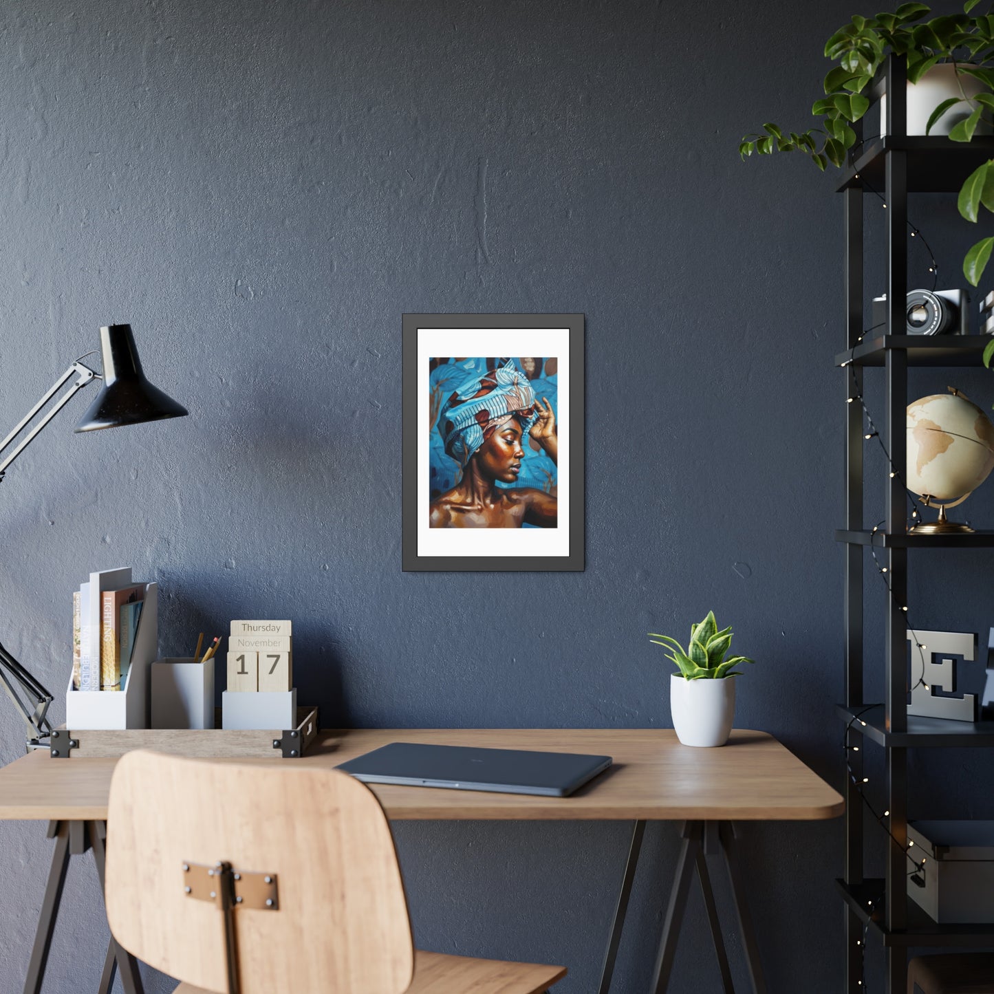 Framed Art Print — Portrait of Woman with Blue Headwrap (Gallery Wall Decor)