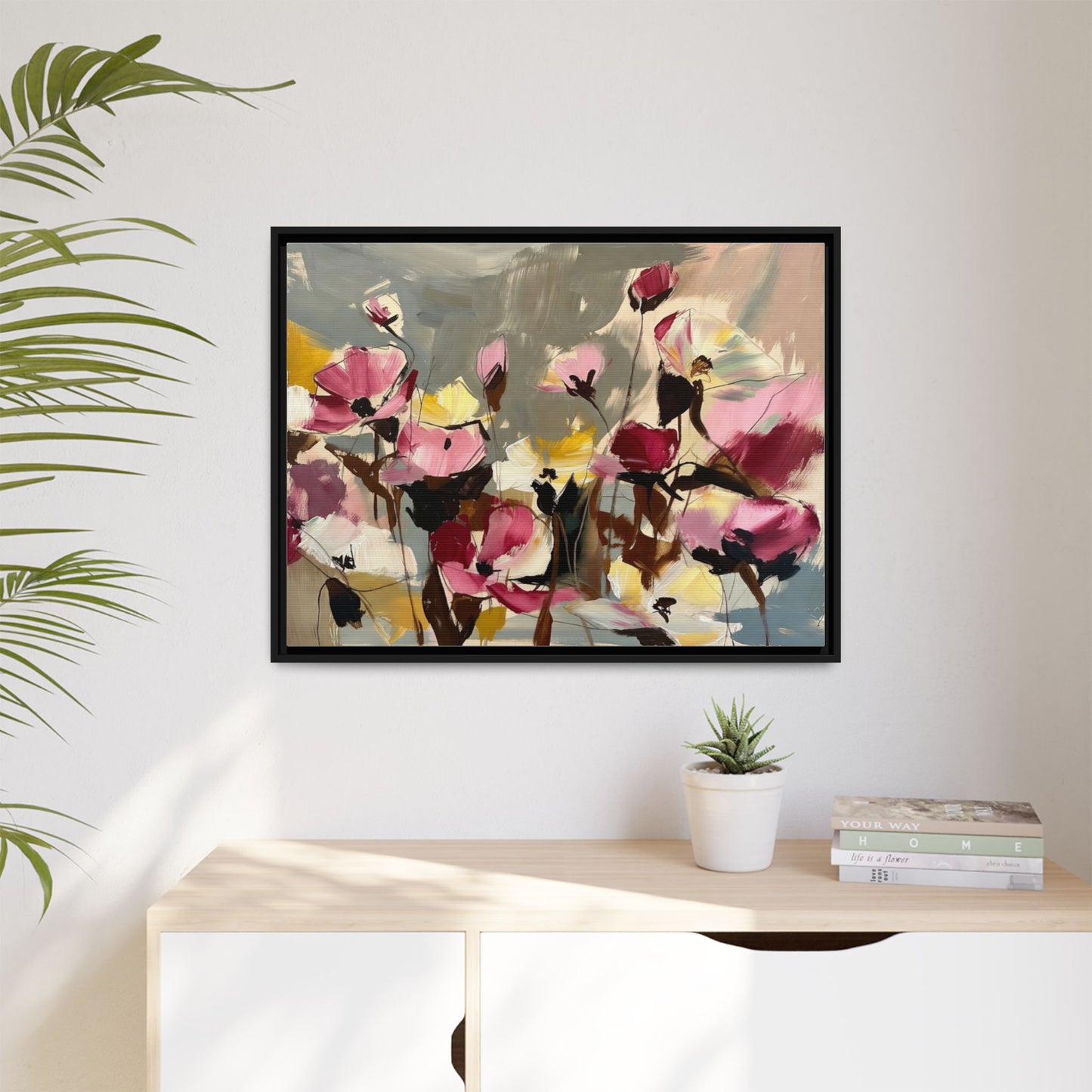 Framed Floral Canvas Wall Art — Abstract Pink & Yellow Flowers