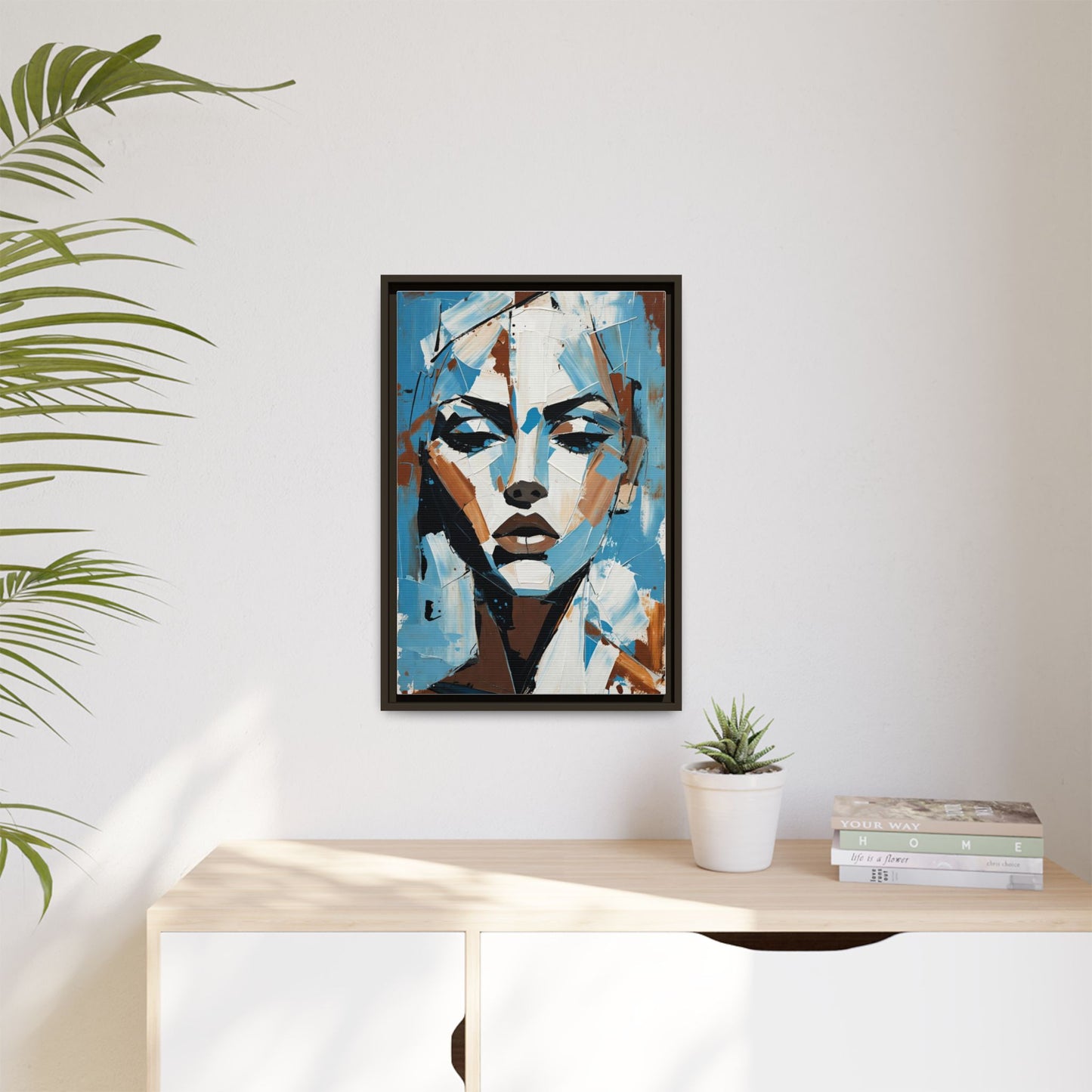 Abstract Blue Face Matte Canvas Wall Art — Framed Modern Portrait Print