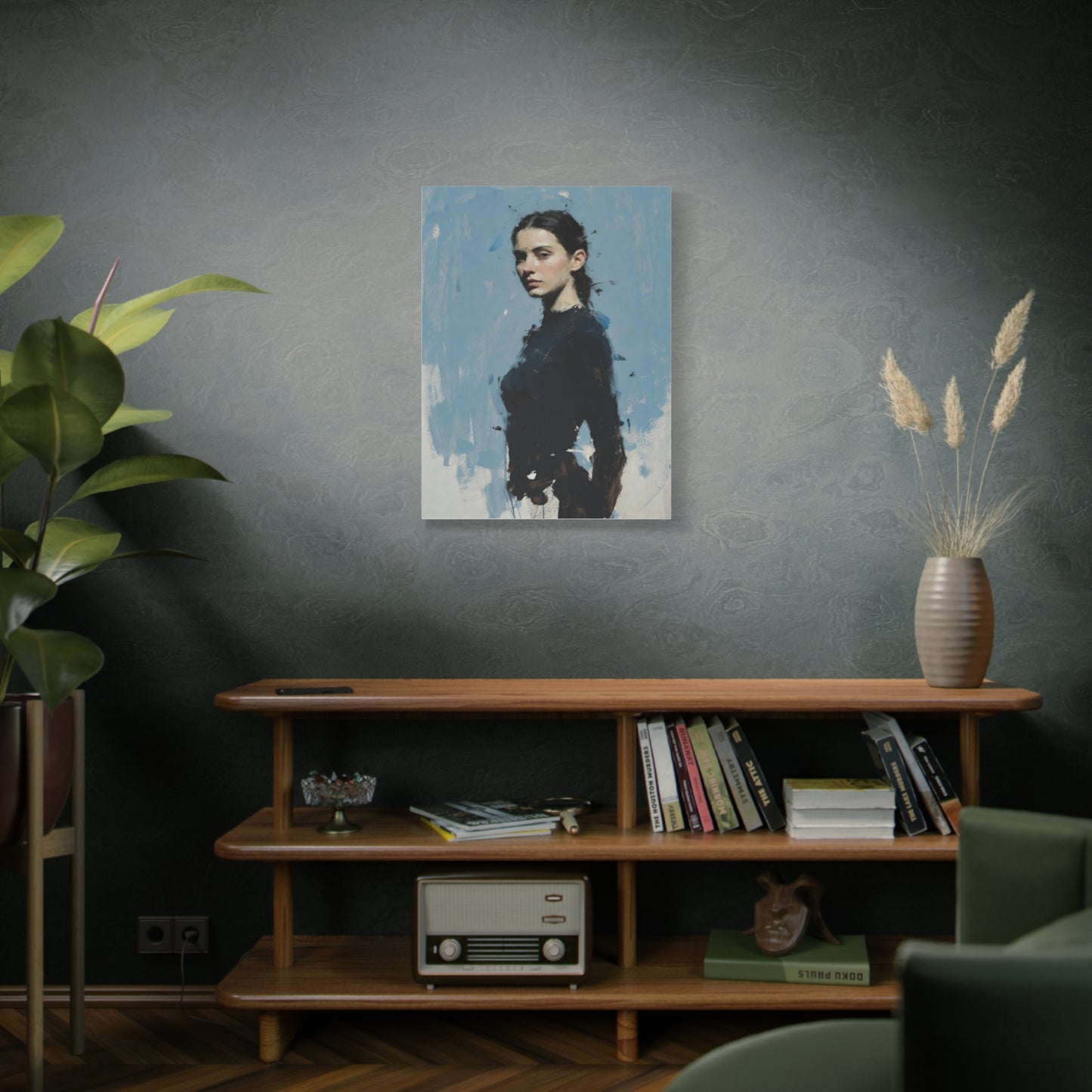 Matte Stretched Canvas Print — Portrait of a Young Woman, Moody Blue Figurative Art