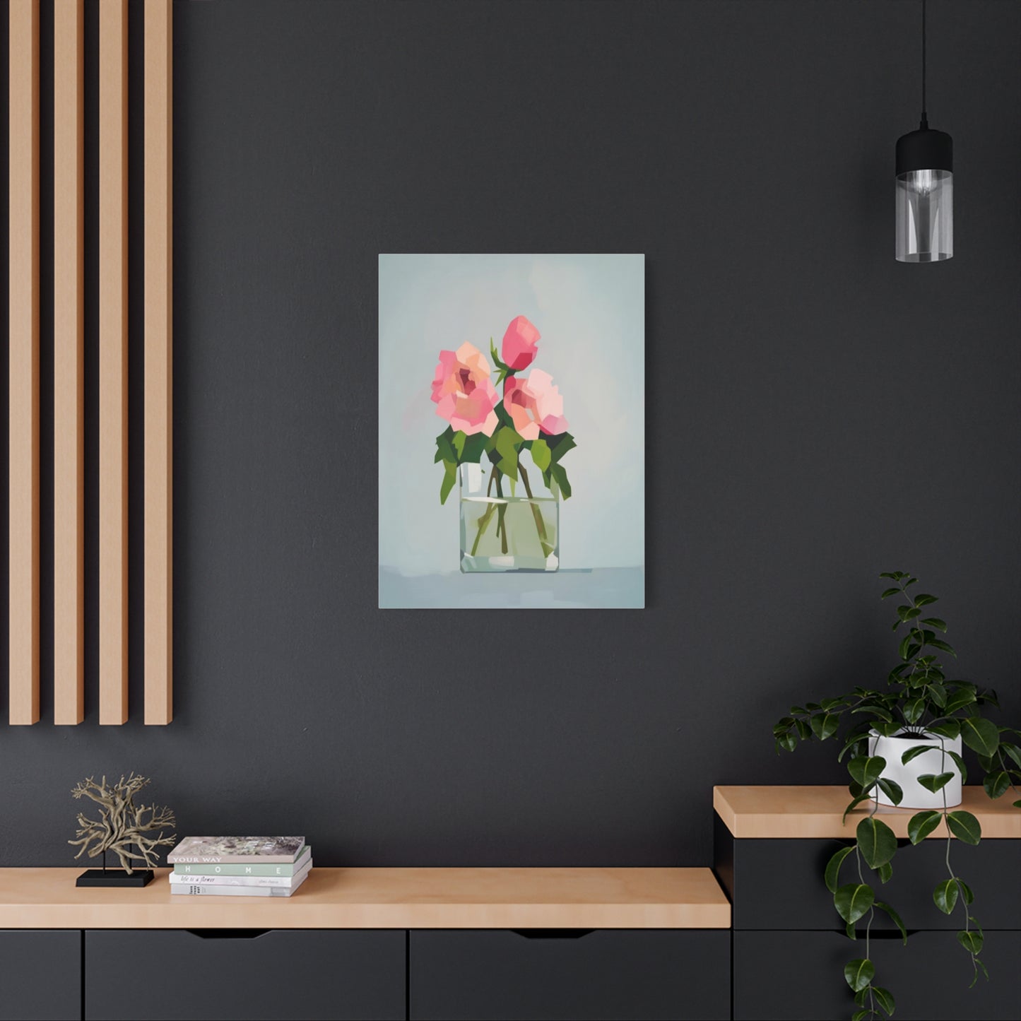 Pink Roses in Square Vase - Matte Stretched Canvas Wall Art