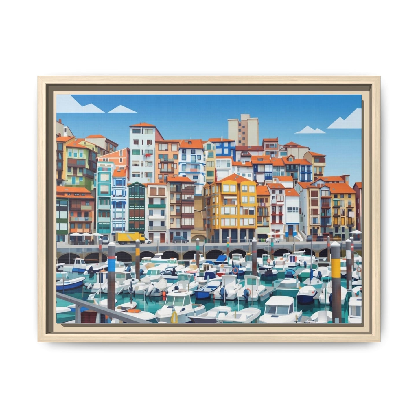 Framed Matte Canvas Print — Colorful Mediterranean Harbor Illustration
