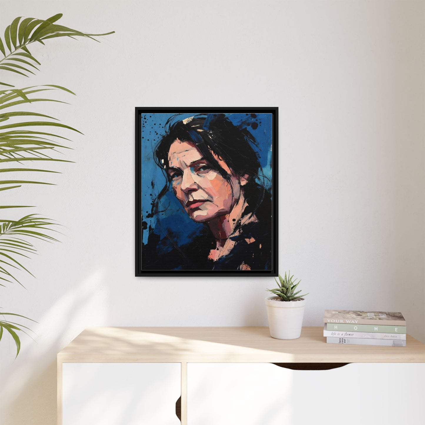 Framed Matte Canvas Portrait — Expressive Blue Painterly Woman Art