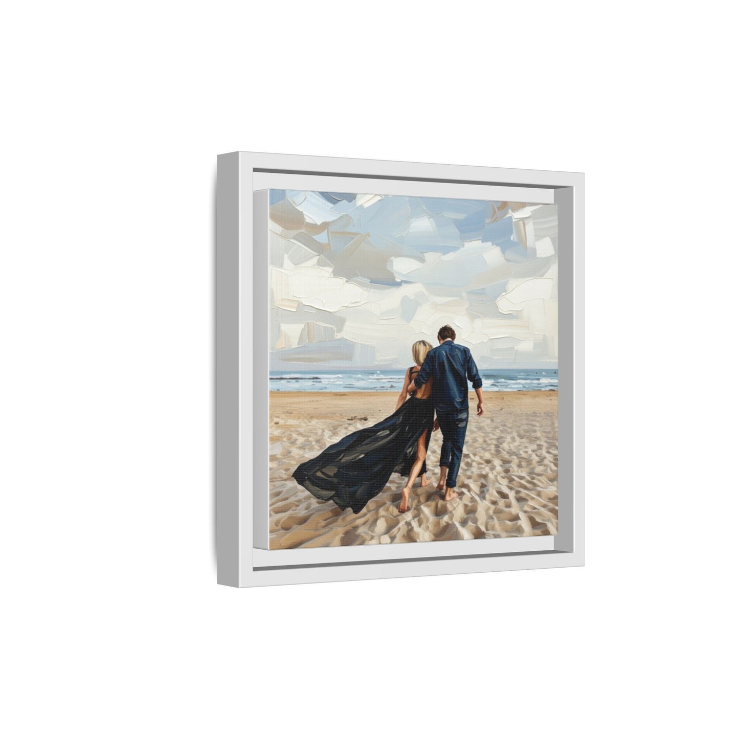 Framed Canvas Wall Art — Romantic Couple Walking on Beach Print