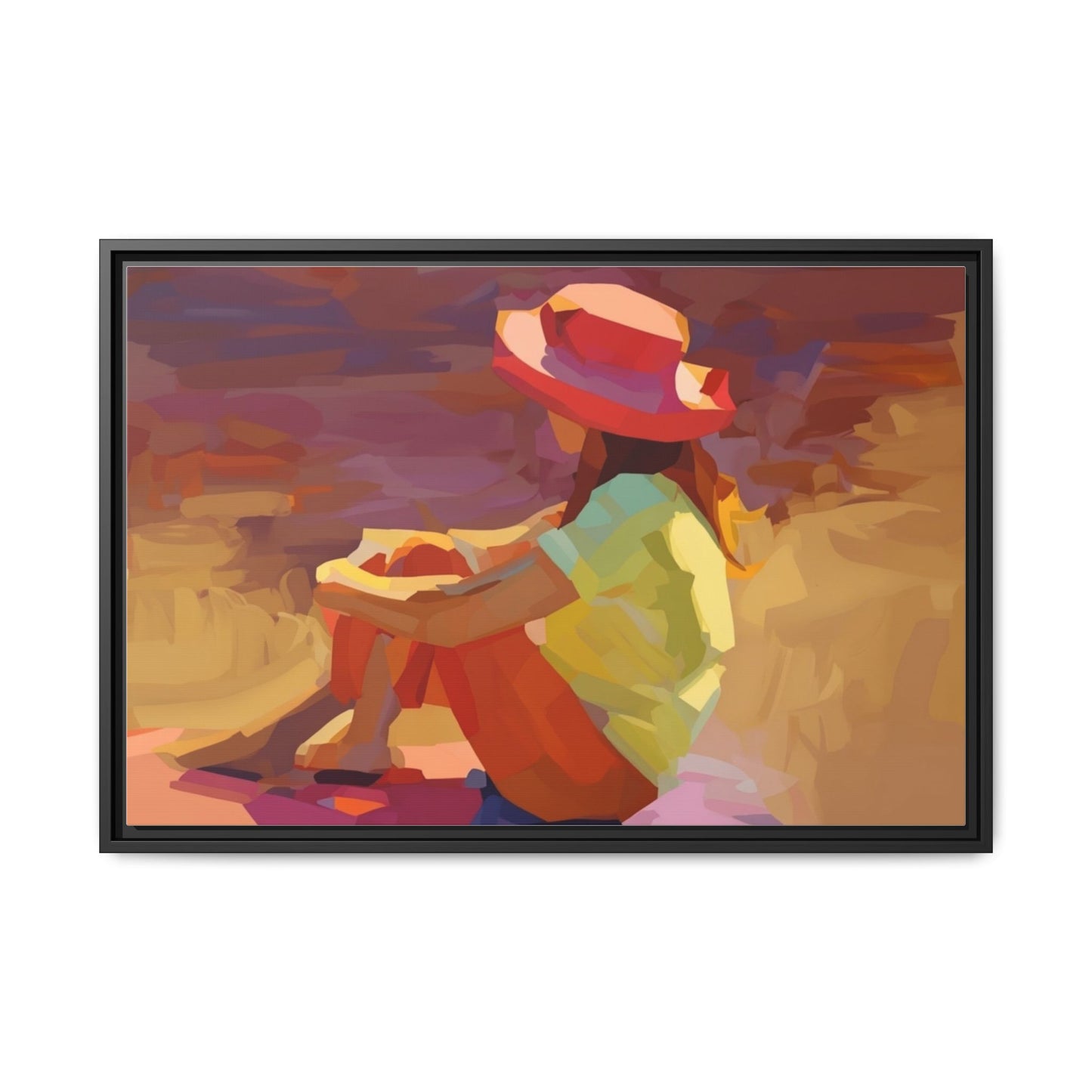 Framed Matte Canvas — Colorful Seated Girl Beach Art