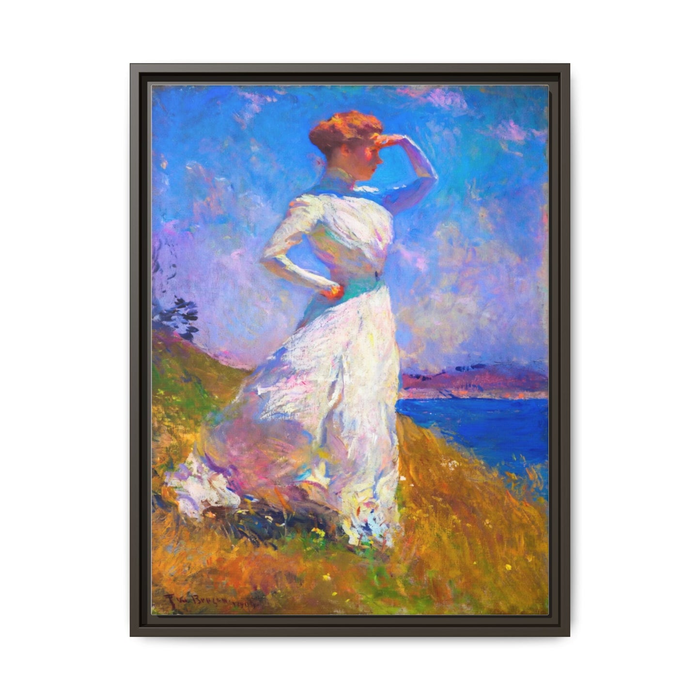 Framed Matte Canvas Art - Woman in White Seaside Impressionist Print