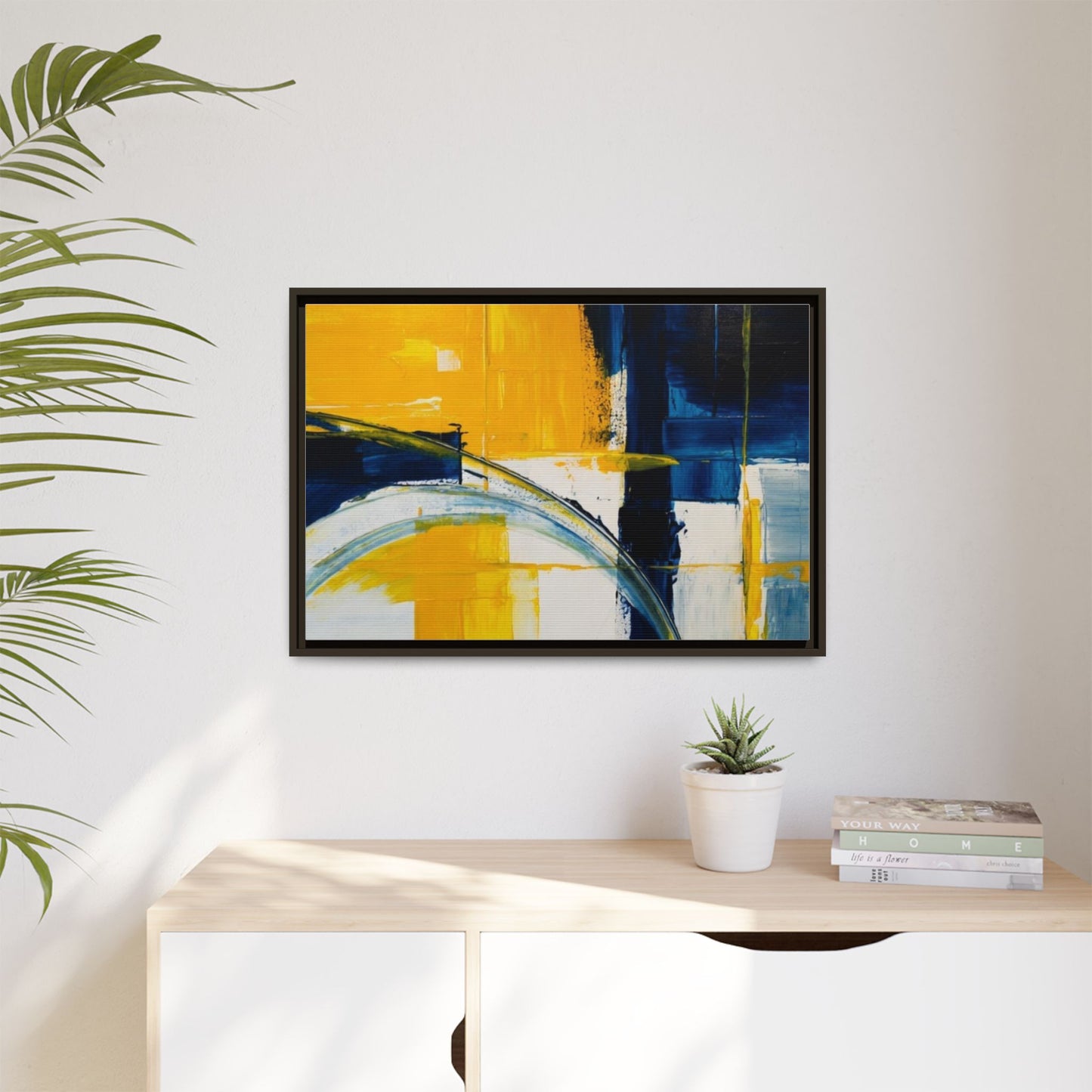 Abstract Yellow & Blue Framed Canvas Wall Art — Modern Matte Canvas Print