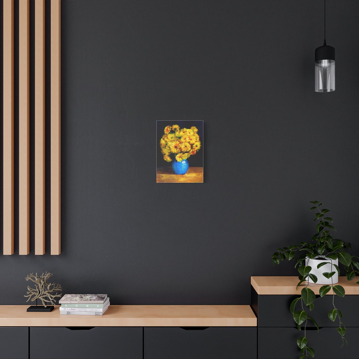 Yellow Chrysanthemum Canvas Wall Art — Blue Vase Floral Painting (Stretched Matte)