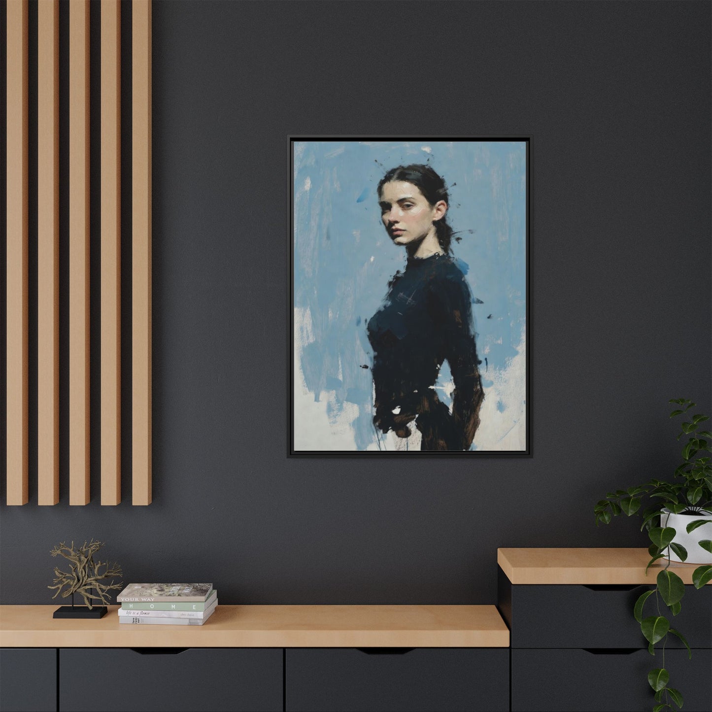 Framed Matte Canvas Portrait Print — Elegant Blue Woman Art