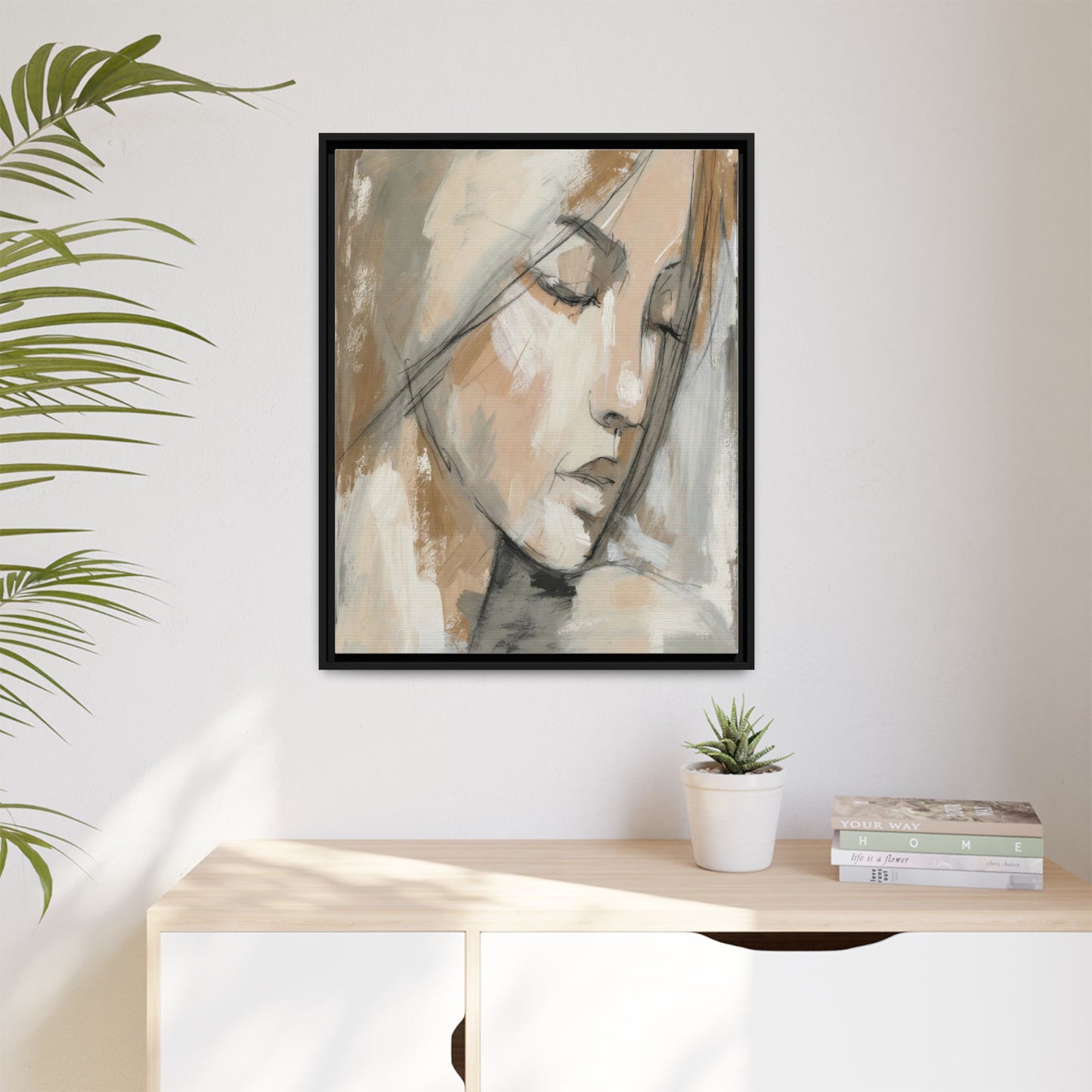 Framed Matte Canvas Art — Serene Abstract Portrait in Neutrals