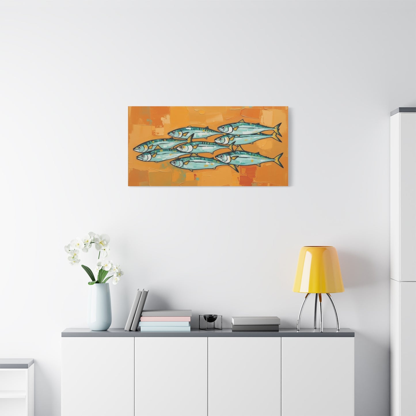 School of Mackerel Canvas Wall Art — Nautical Fish Painting on Orange Background