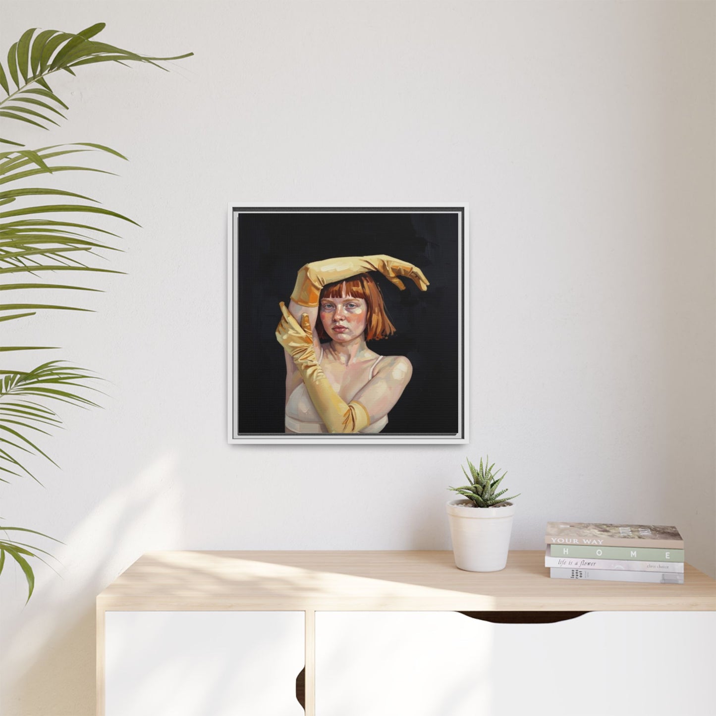 Framed Matte Canvas Art – Portrait of Woman in Yellow Gloves