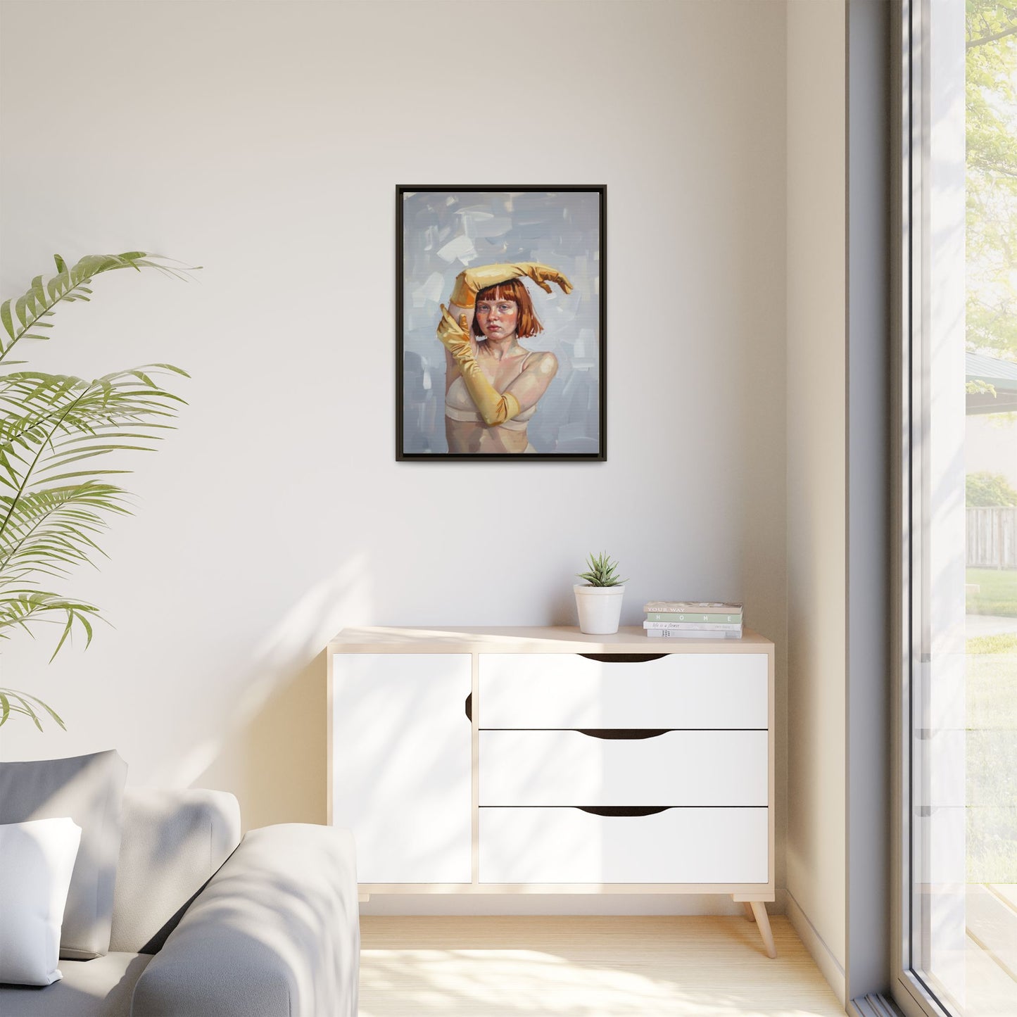 Contemporary Portrait Canvas Print — Woman with Yellow Gloves (Framed Matte)