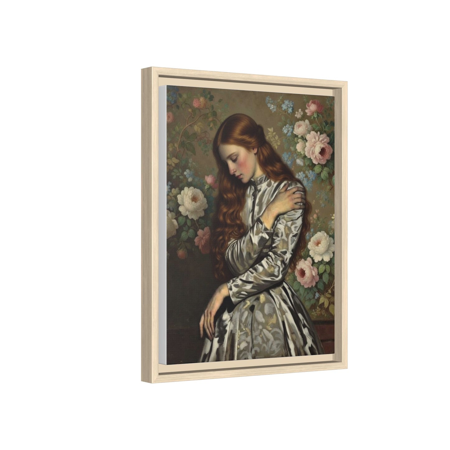 Framed Matte Canvas Art — Vintage Floral Portrait of a Young Woman