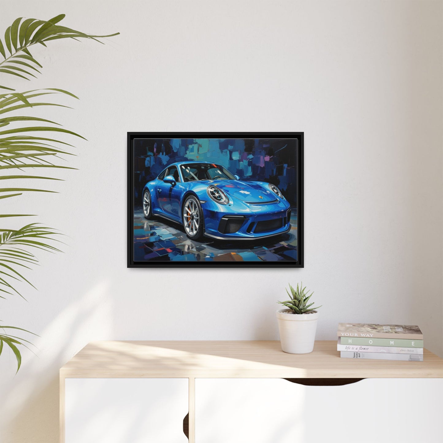 Blue Sports Car Matte Canvas Framed Print — Modern Automotive Wall Art