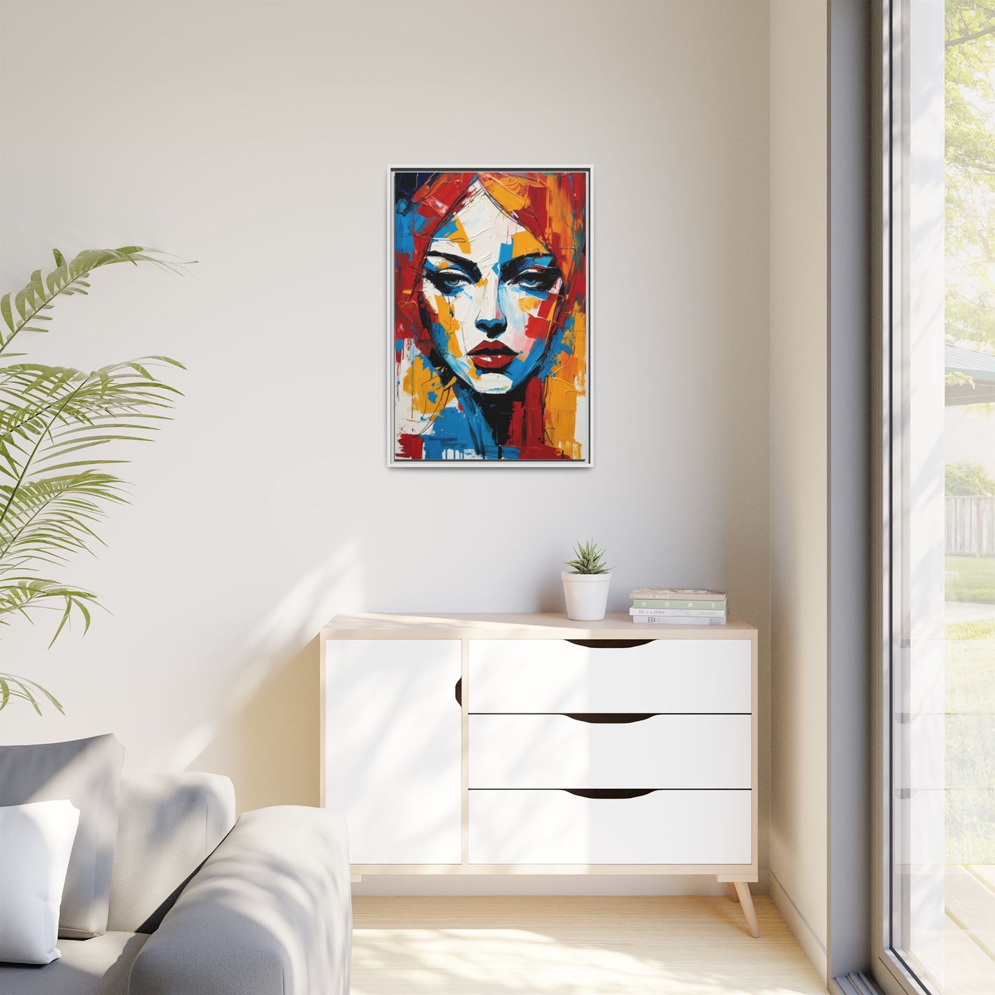 Framed Abstract Portrait Canvas — Colorful Female Face Wall Art