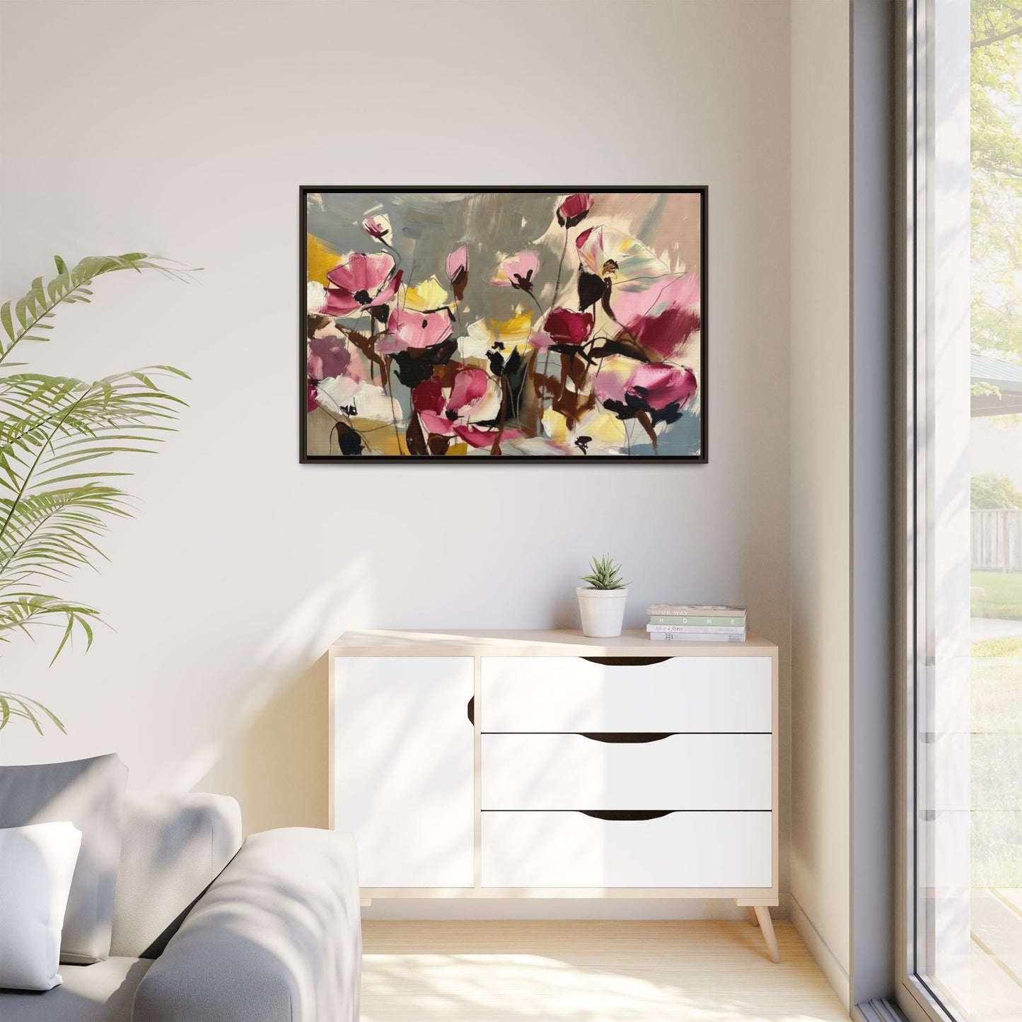 Framed Floral Canvas Wall Art — Abstract Pink & Yellow Flowers