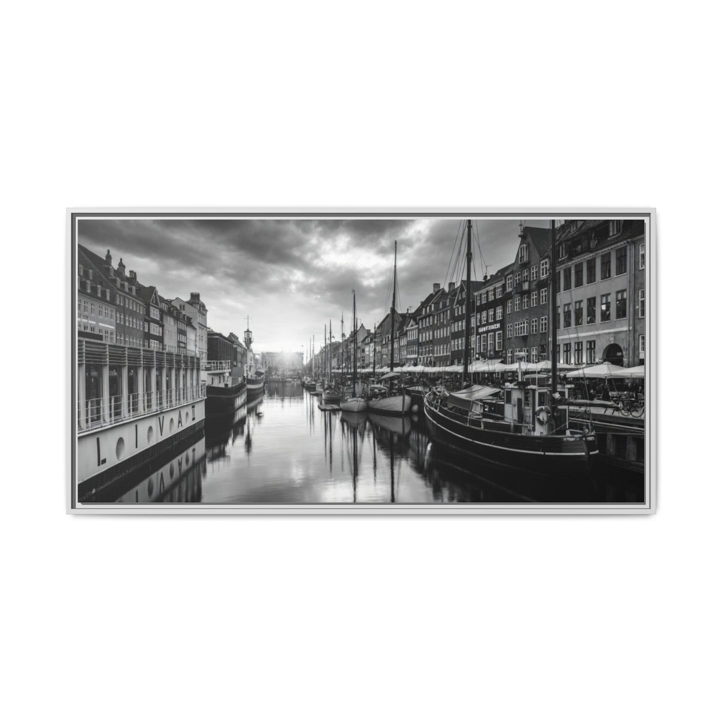 Framed Matte Canvas: Black & White Dutch Canal Photography Wall Art